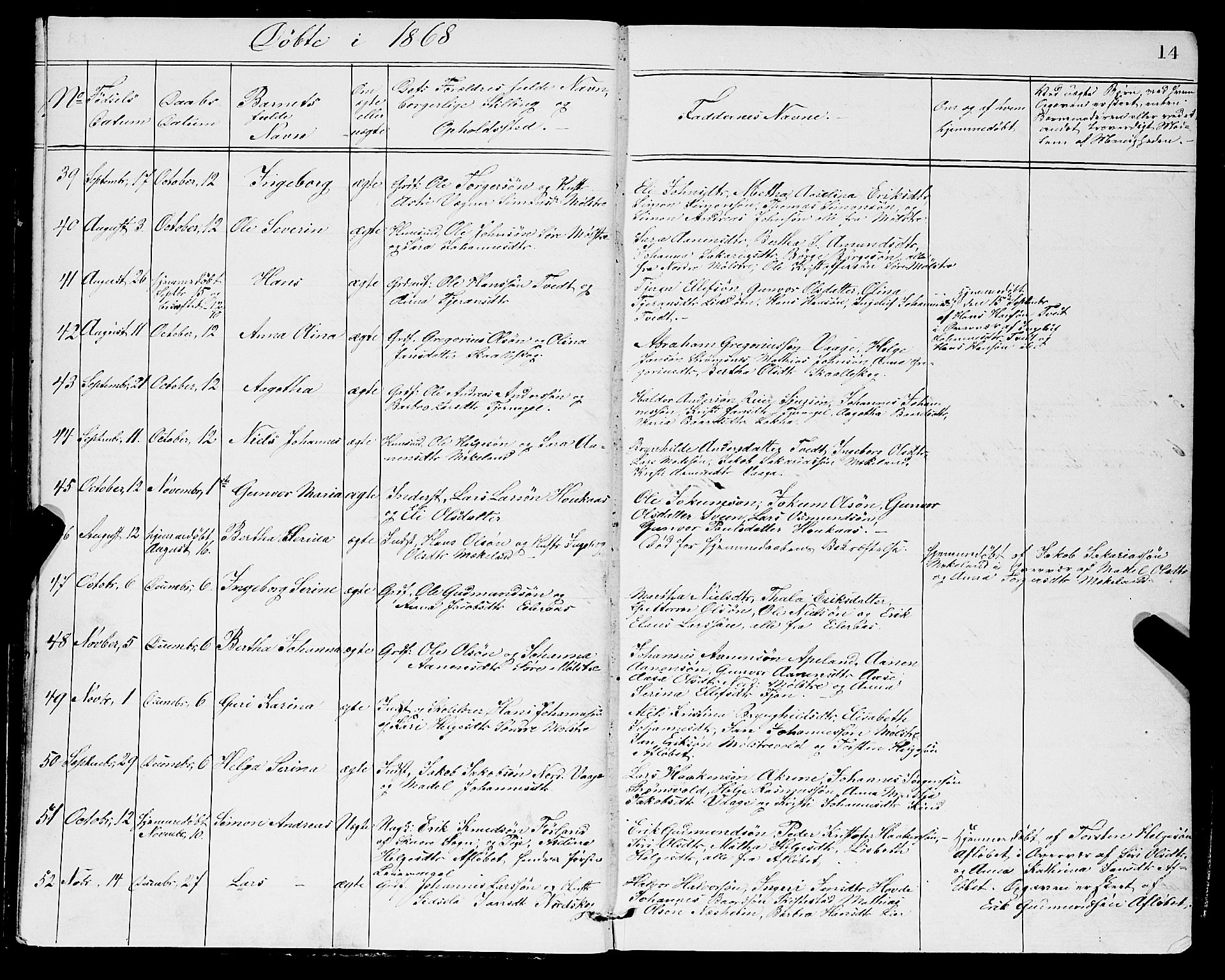 Sveio Sokneprestembete, SAB/A-78501/H/Hab: Parish register (copy) no. A 2, 1866-1877, p. 14