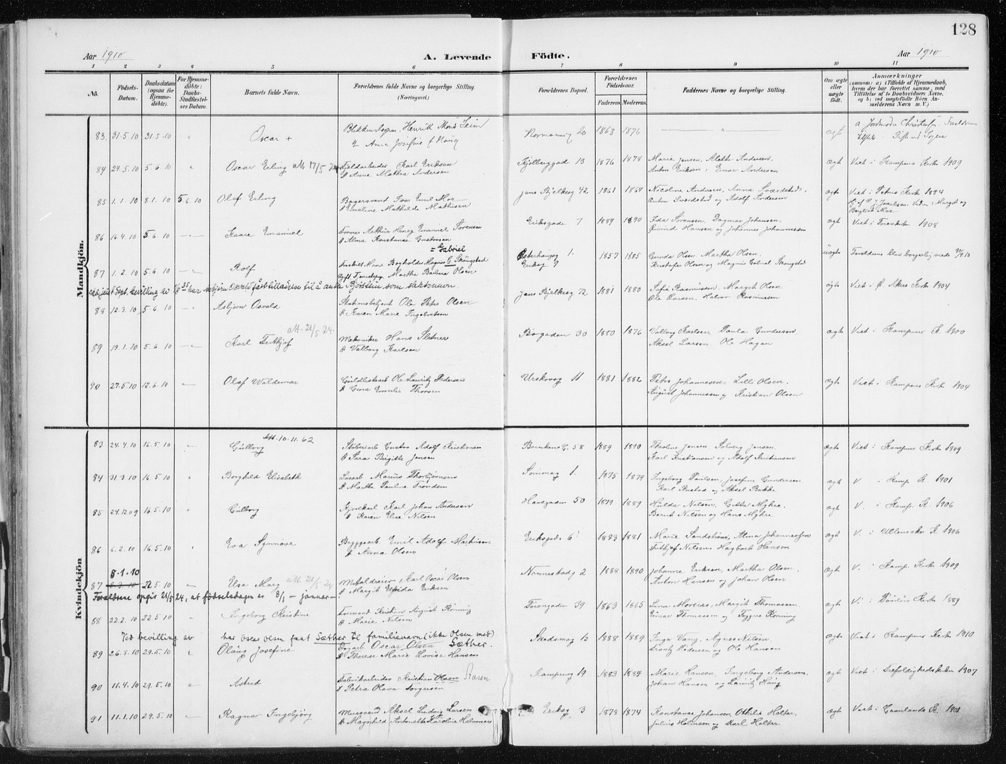 Kampen prestekontor Kirkebøker, SAO/A-10853/F/Fa/L0010: Parish register (official) no. I 10, 1905-1917, p. 128