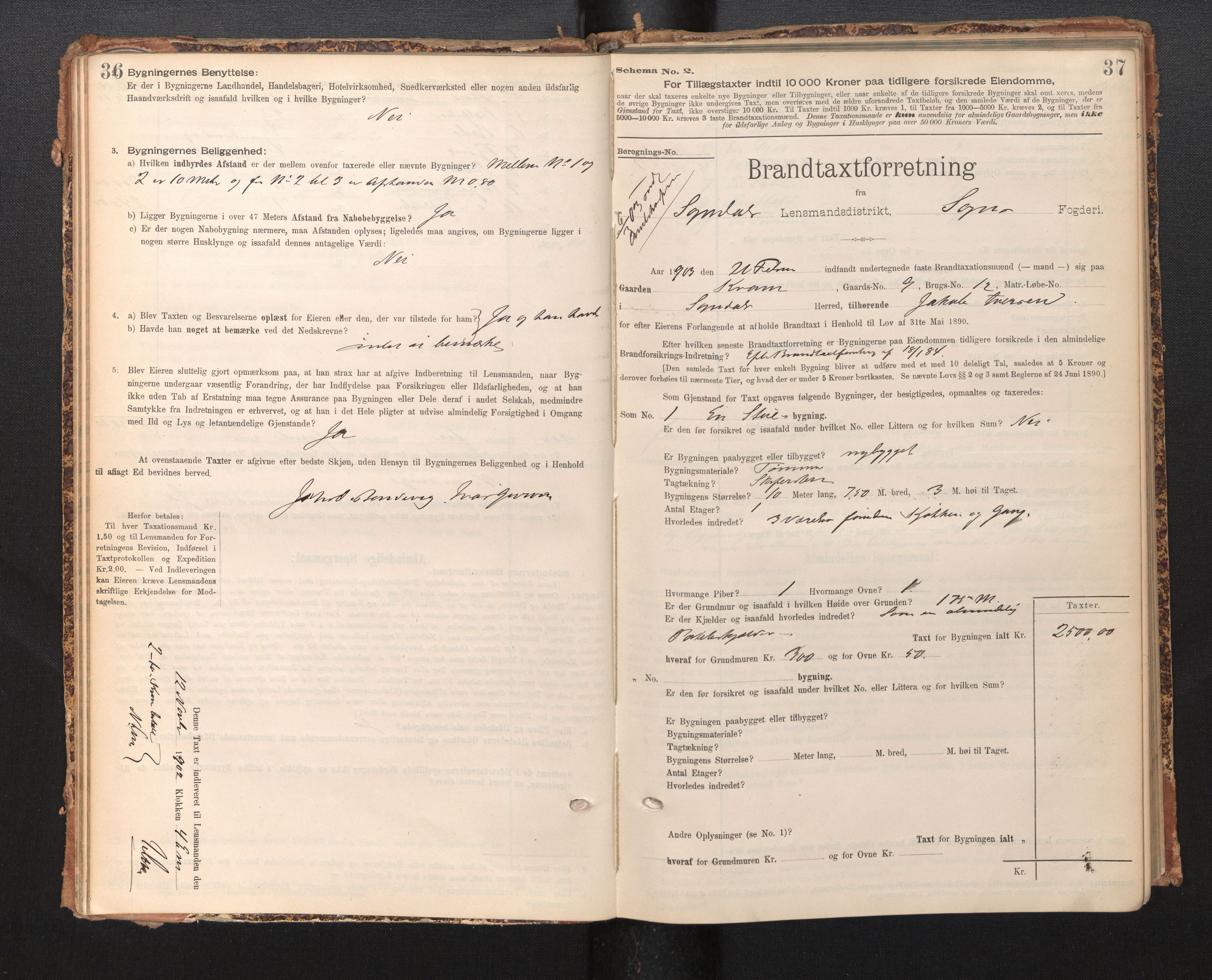 Lensmannen i Sogndal, SAB/A-29901/0012/L0009: Branntakstprotokoll, skjematakst, 1901-1914, p. 36-37