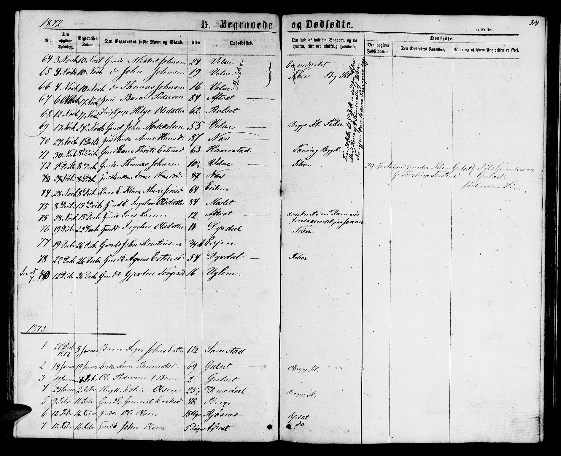Ministerialprotokoller, klokkerbøker og fødselsregistre - Sør-Trøndelag, SAT/A-1456/695/L1156: Parish register (copy) no. 695C07, 1869-1888, p. 318