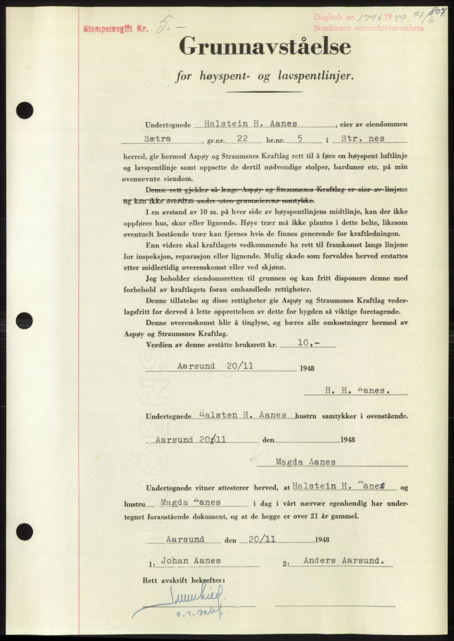 Nordmøre sorenskriveri, AV/SAT-A-4132/1/2/2Ca: Mortgage book no. B101, 1949-1949, Diary no: : 1796/1949