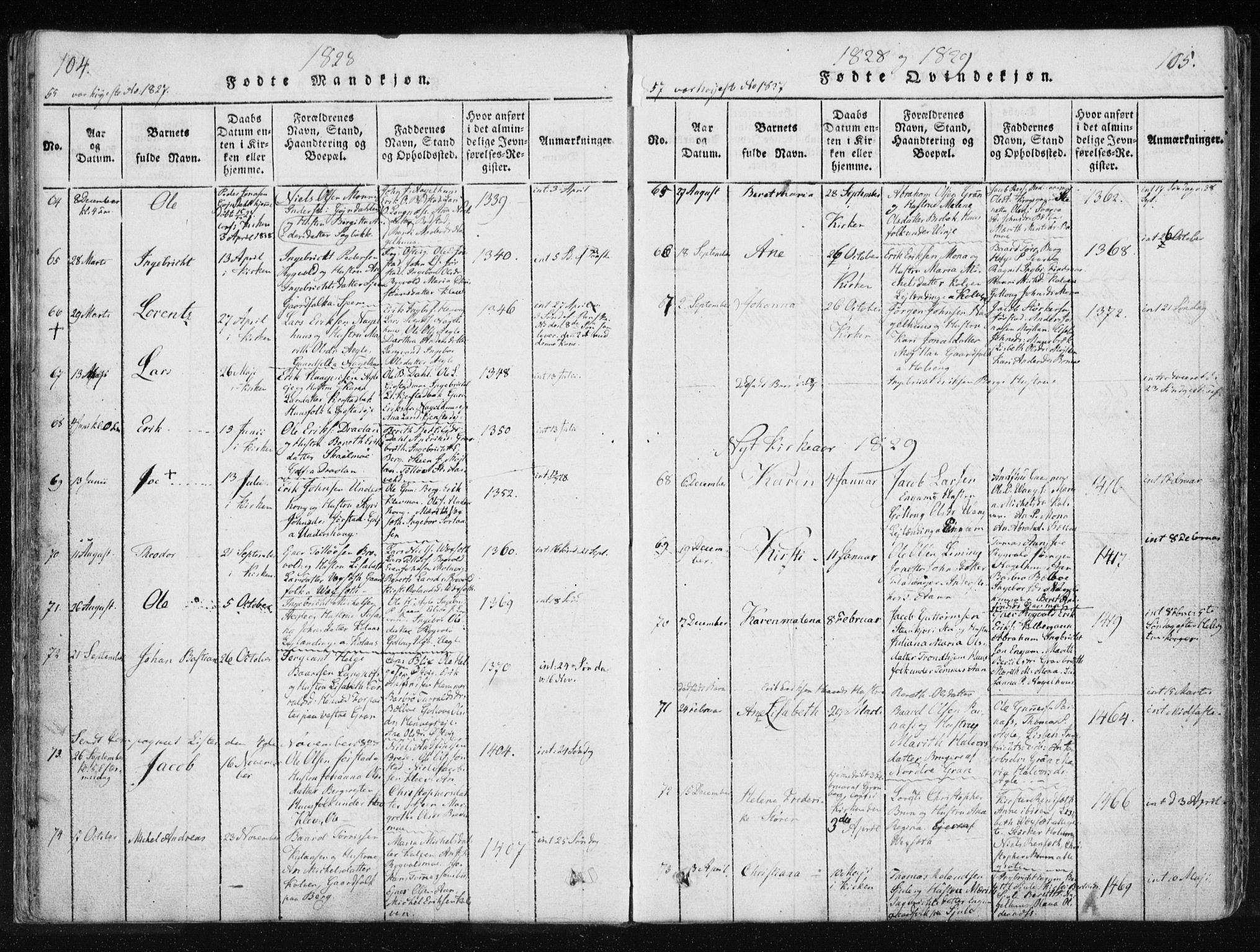 Ministerialprotokoller, klokkerbøker og fødselsregistre - Nord-Trøndelag, SAT/A-1458/749/L0469: Parish register (official) no. 749A03, 1817-1857, p. 104-105