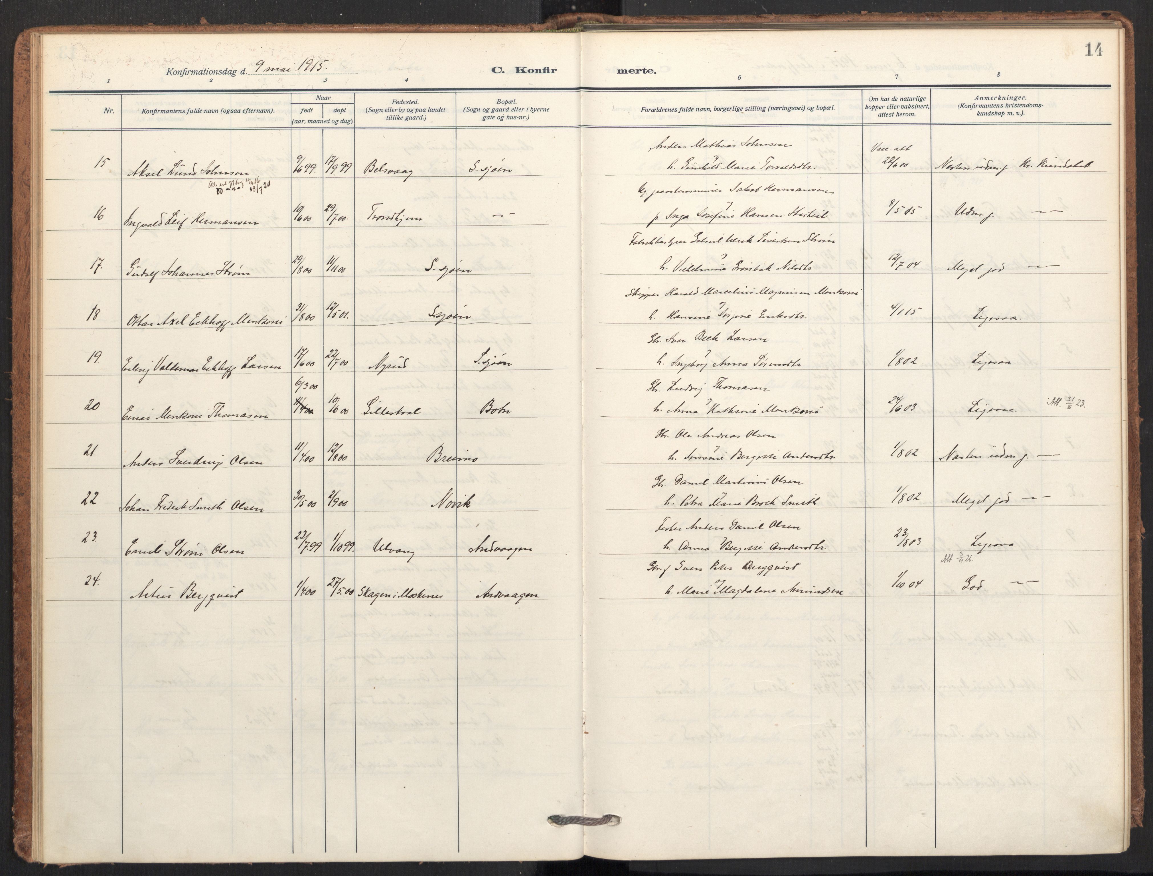 Ministerialprotokoller, klokkerbøker og fødselsregistre - Nordland, AV/SAT-A-1459/831/L0473: Parish register (official) no. 831A04, 1909-1934, p. 14