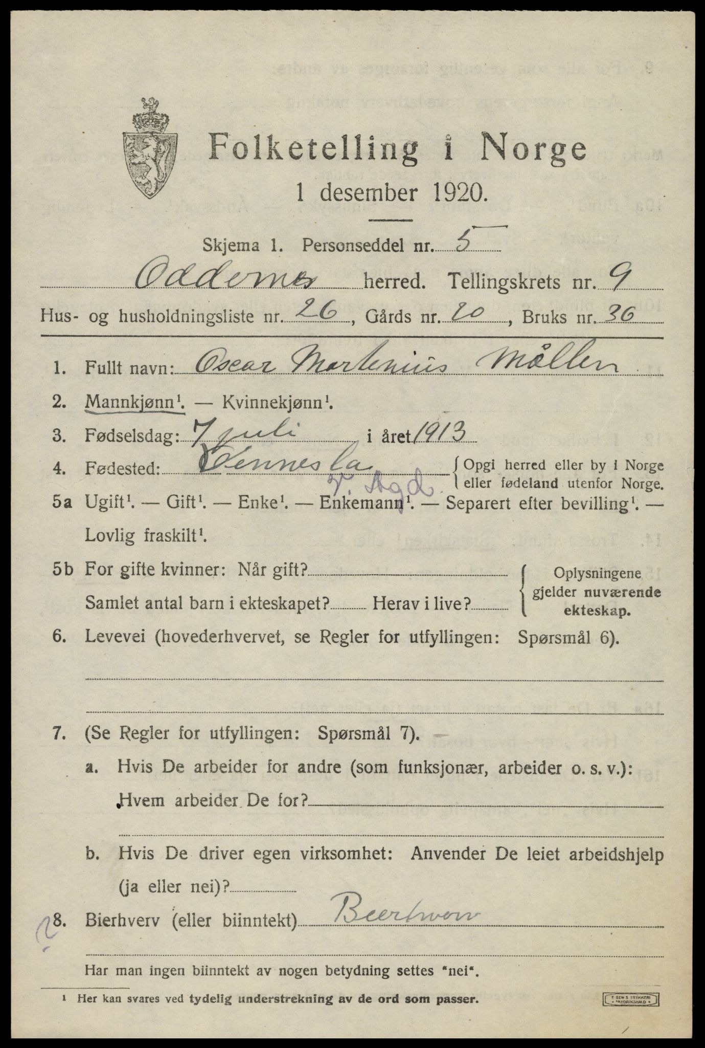 SAK, 1920 census for Oddernes, 1920, p. 6337
