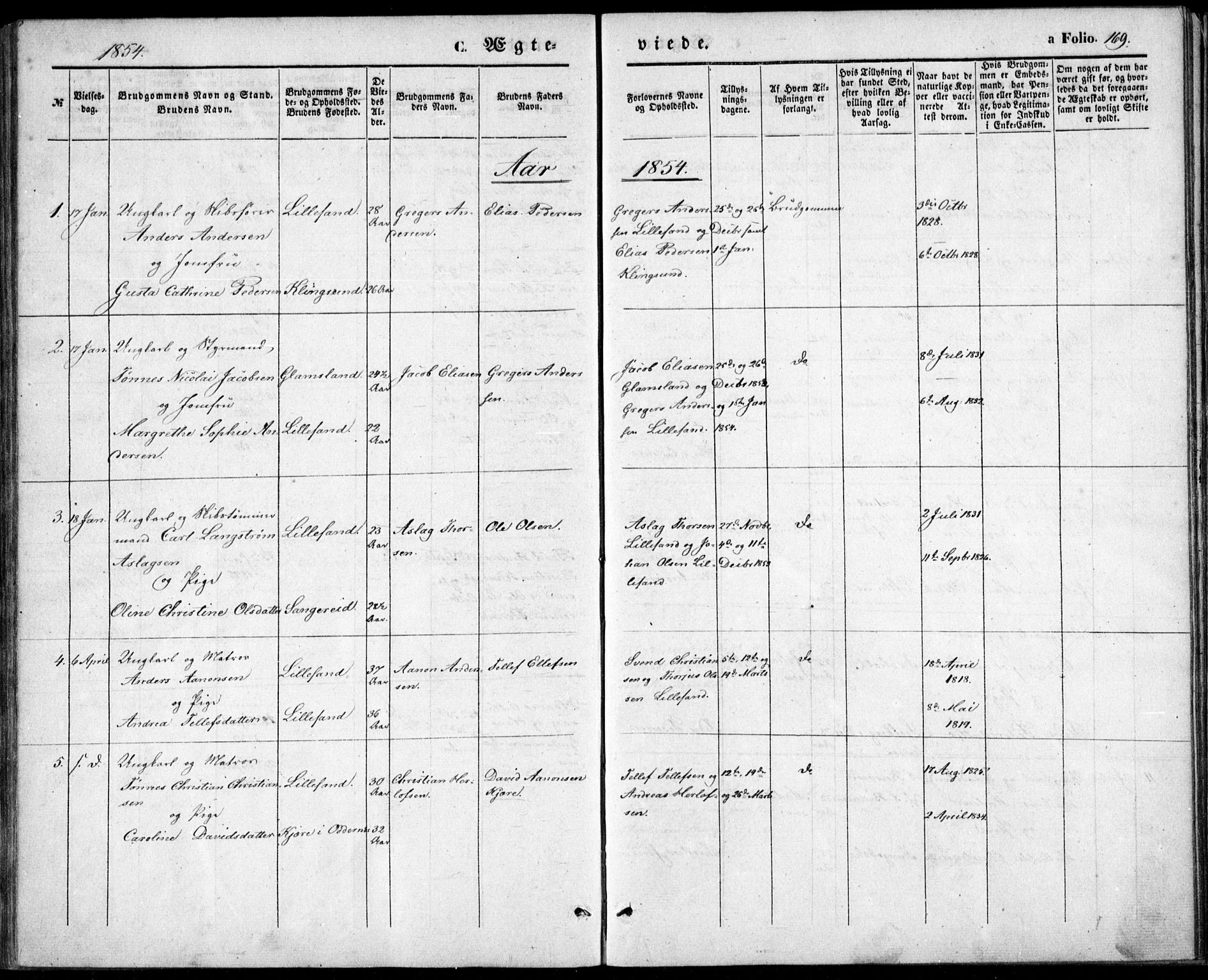 Vestre Moland sokneprestkontor, SAK/1111-0046/F/Fb/Fbb/L0003: Parish register (copy) no. B 3, 1851-1861, p. 169