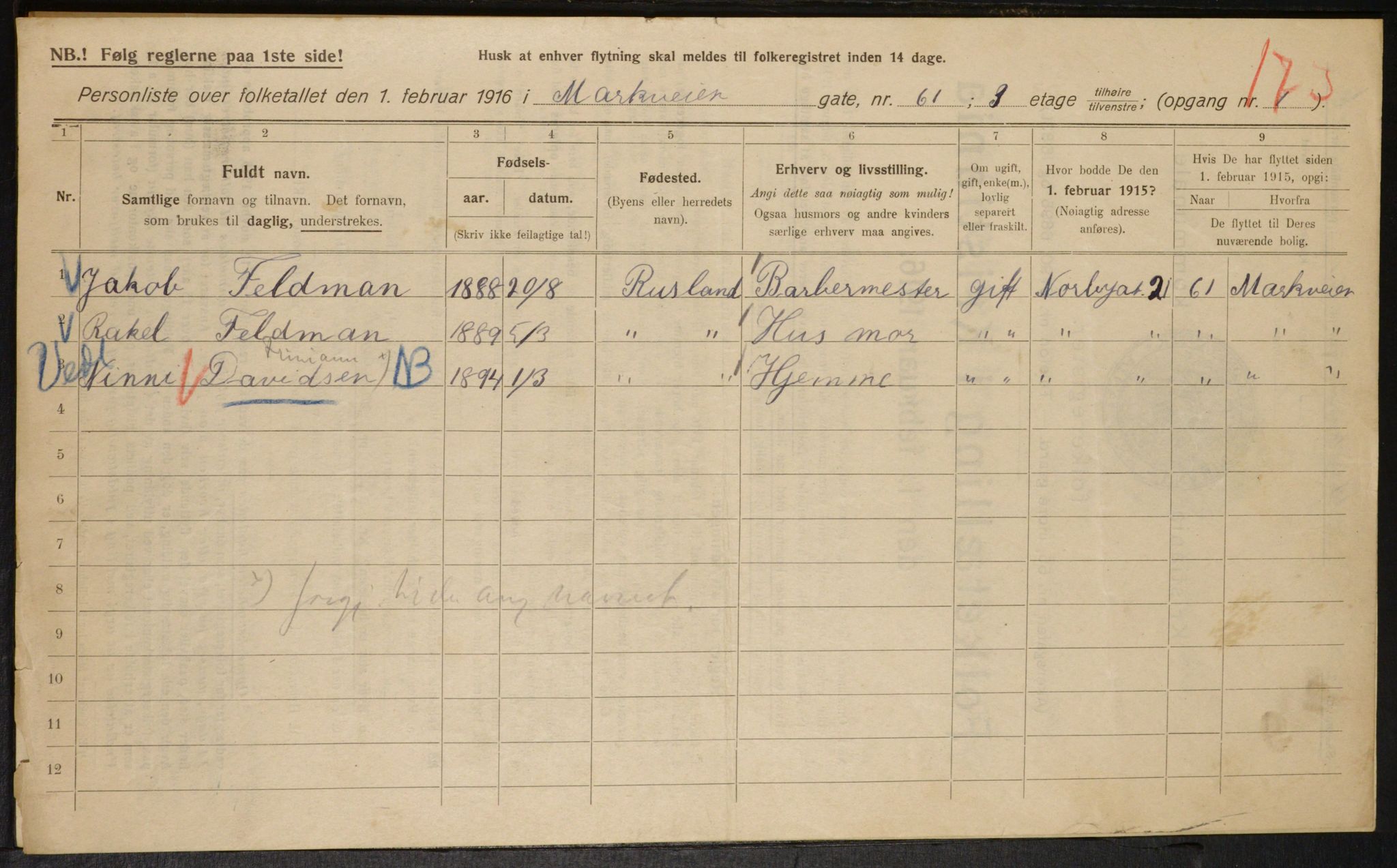 OBA, Municipal Census 1916 for Kristiania, 1916, p. 66098