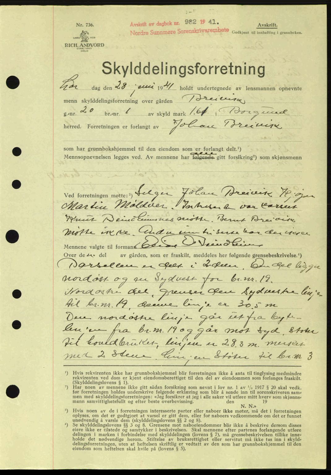 Nordre Sunnmøre sorenskriveri, SAT/A-0006/1/2/2C/2Ca: Mortgage book no. A11, 1941-1941, Diary no: : 982/1941
