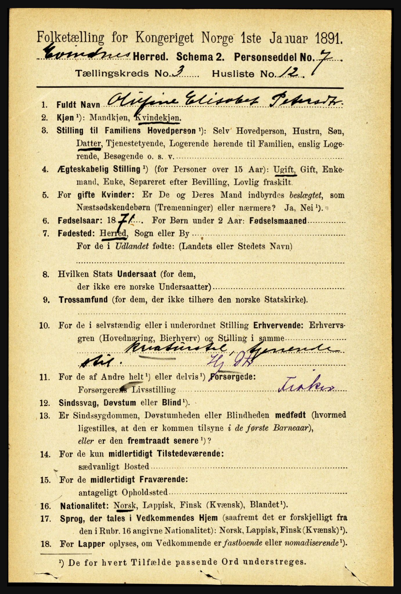 RA, 1891 census for 1853 Evenes, 1891, p. 841