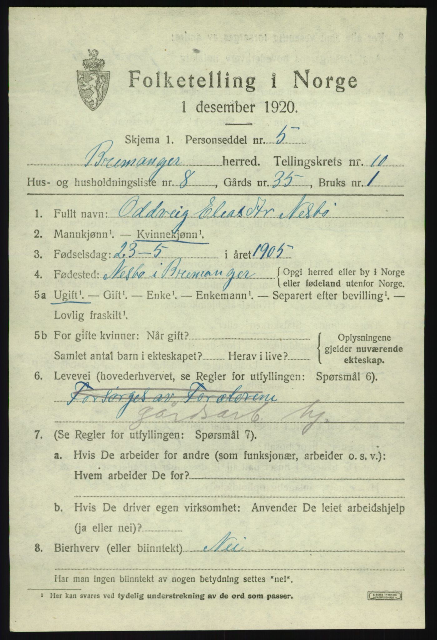 SAB, 1920 census for Bremanger, 1920, p. 5512