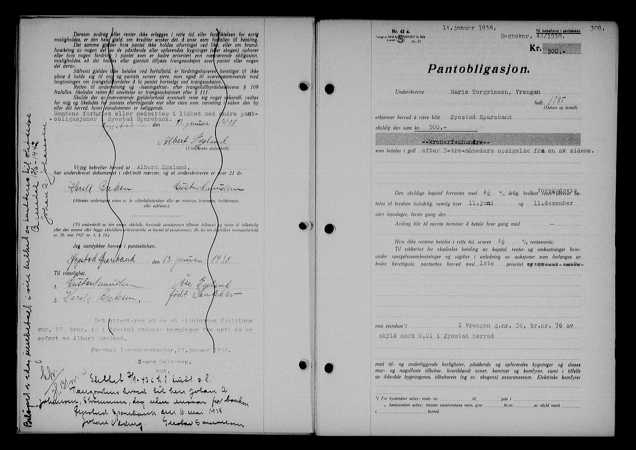 Nedenes sorenskriveri, SAK/1221-0006/G/Gb/Gba/L0044: Mortgage book no. 40, 1937-1938, Diary no: : 44/1938