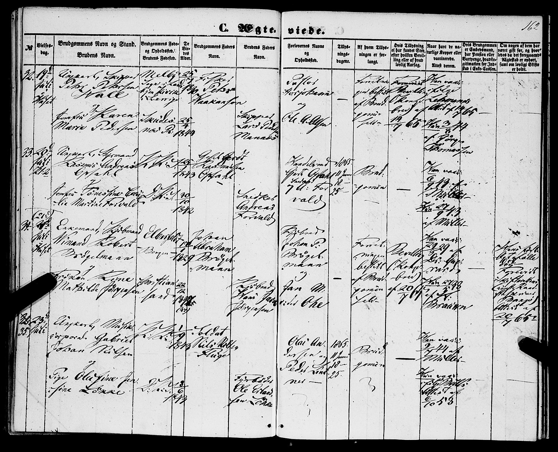 Korskirken sokneprestembete, AV/SAB-A-76101/H/Haa/L0035: Parish register (official) no. D 2, 1852-1867, p. 162