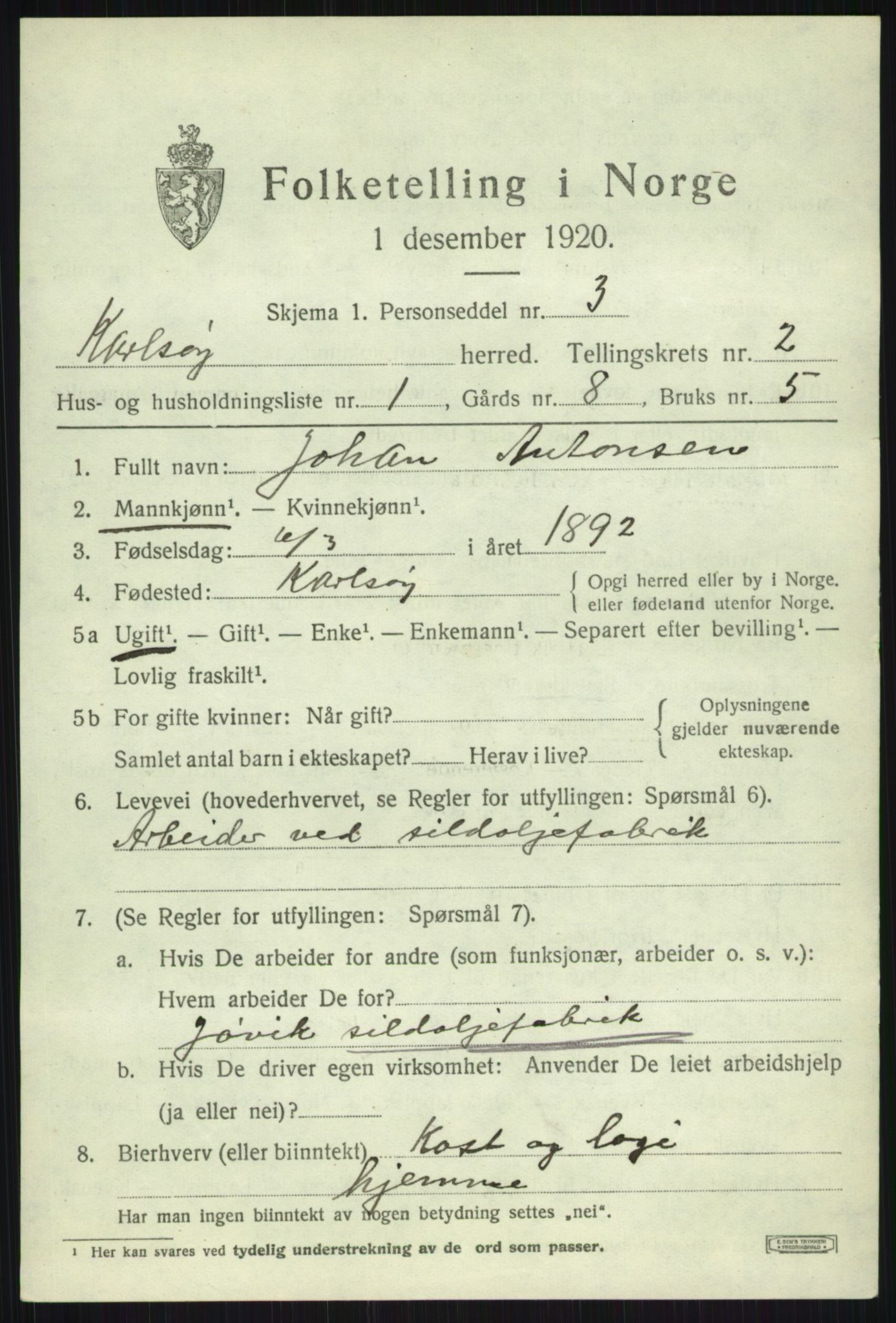 SATØ, 1920 census for Karlsøy, 1920, p. 1187