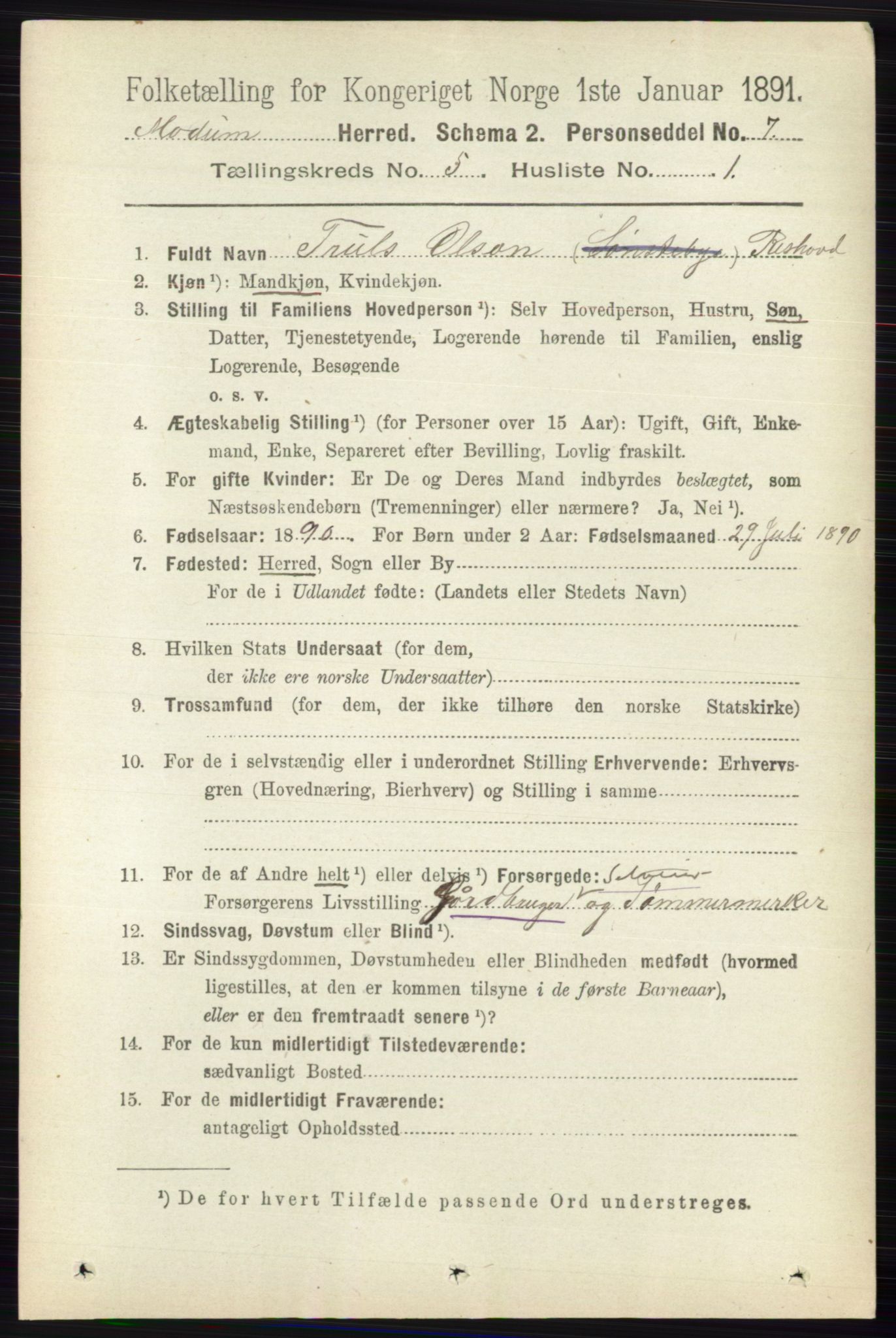 RA, 1891 census for 0623 Modum, 1891, p. 1457