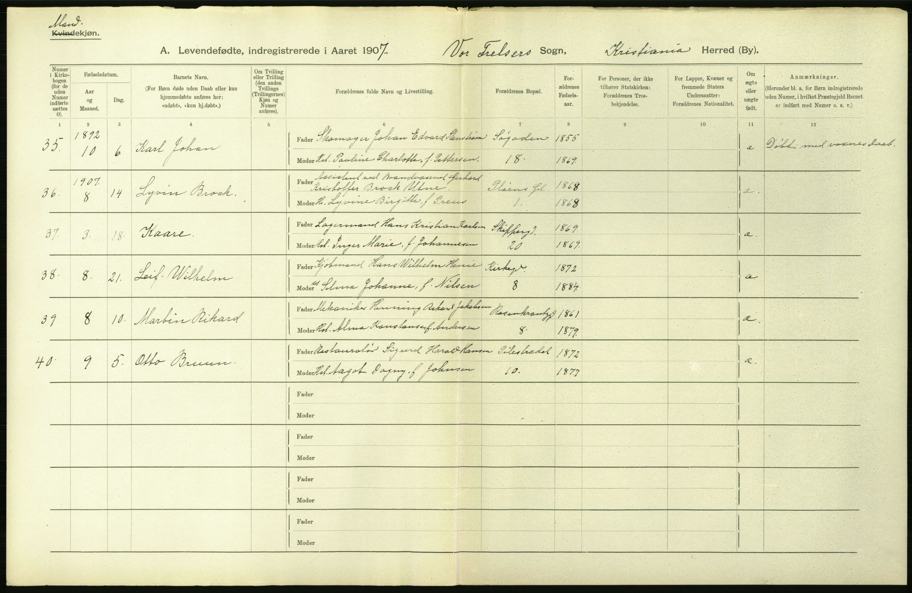 Statistisk sentralbyrå, Sosiodemografiske emner, Befolkning, AV/RA-S-2228/D/Df/Dfa/Dfae/L0006: Kristiania: Levendefødte menn og kvinner., 1907, p. 6