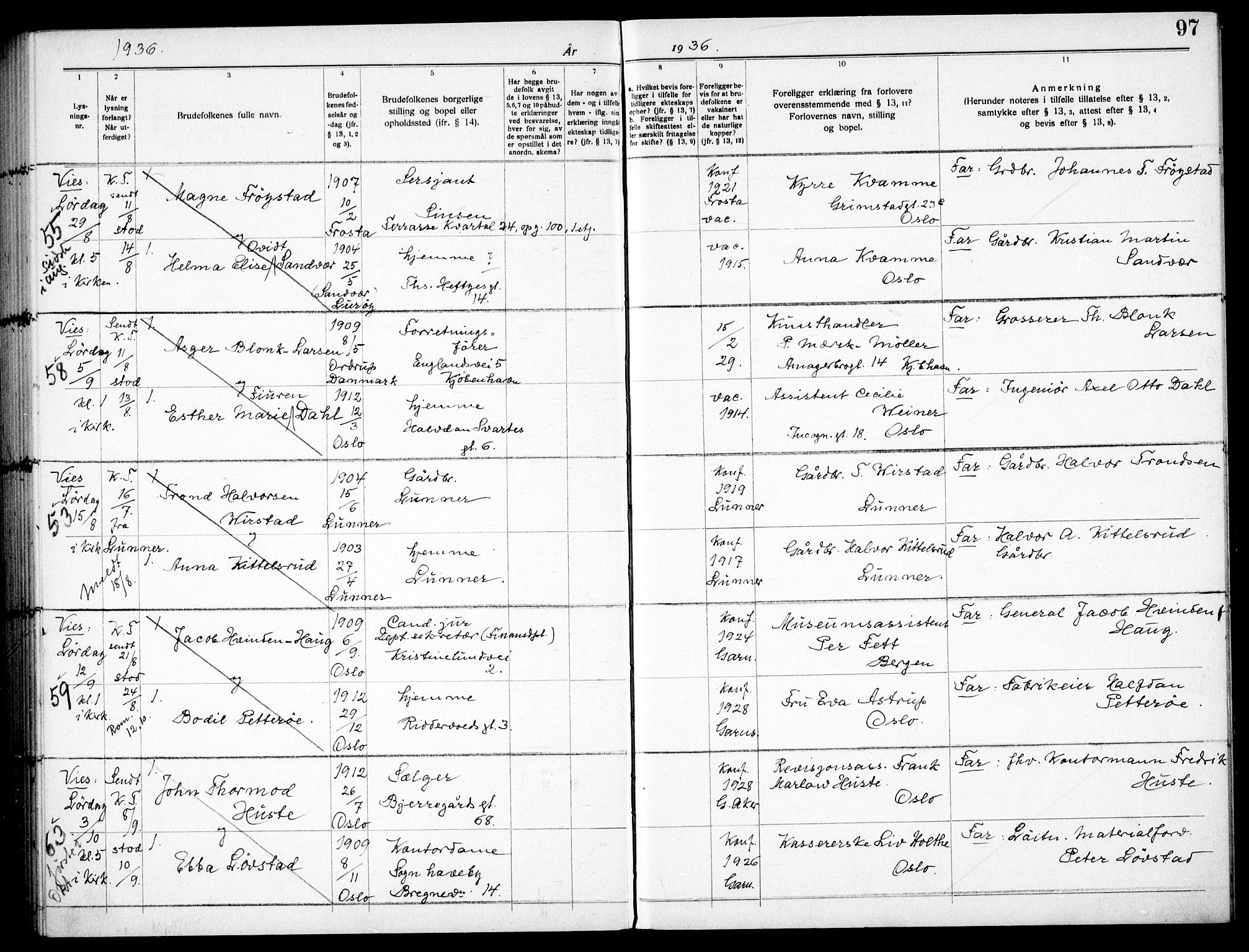 Garnisonsmenigheten Kirkebøker, AV/SAO-A-10846/H/Ha/L0011: Banns register no. I 11, 1932-1936, p. 97