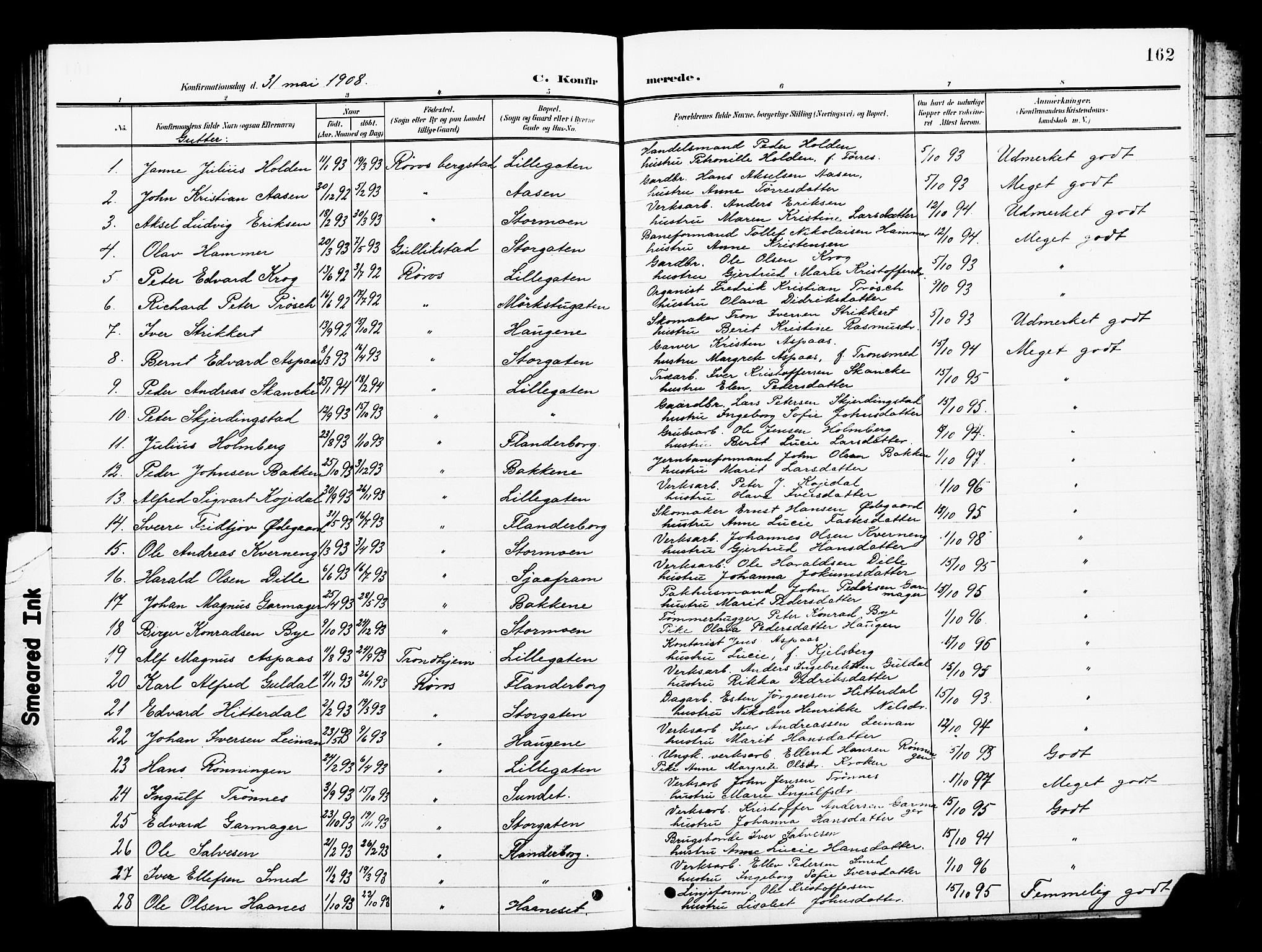Ministerialprotokoller, klokkerbøker og fødselsregistre - Sør-Trøndelag, SAT/A-1456/681/L0942: Parish register (copy) no. 681C06, 1906-1925, p. 162