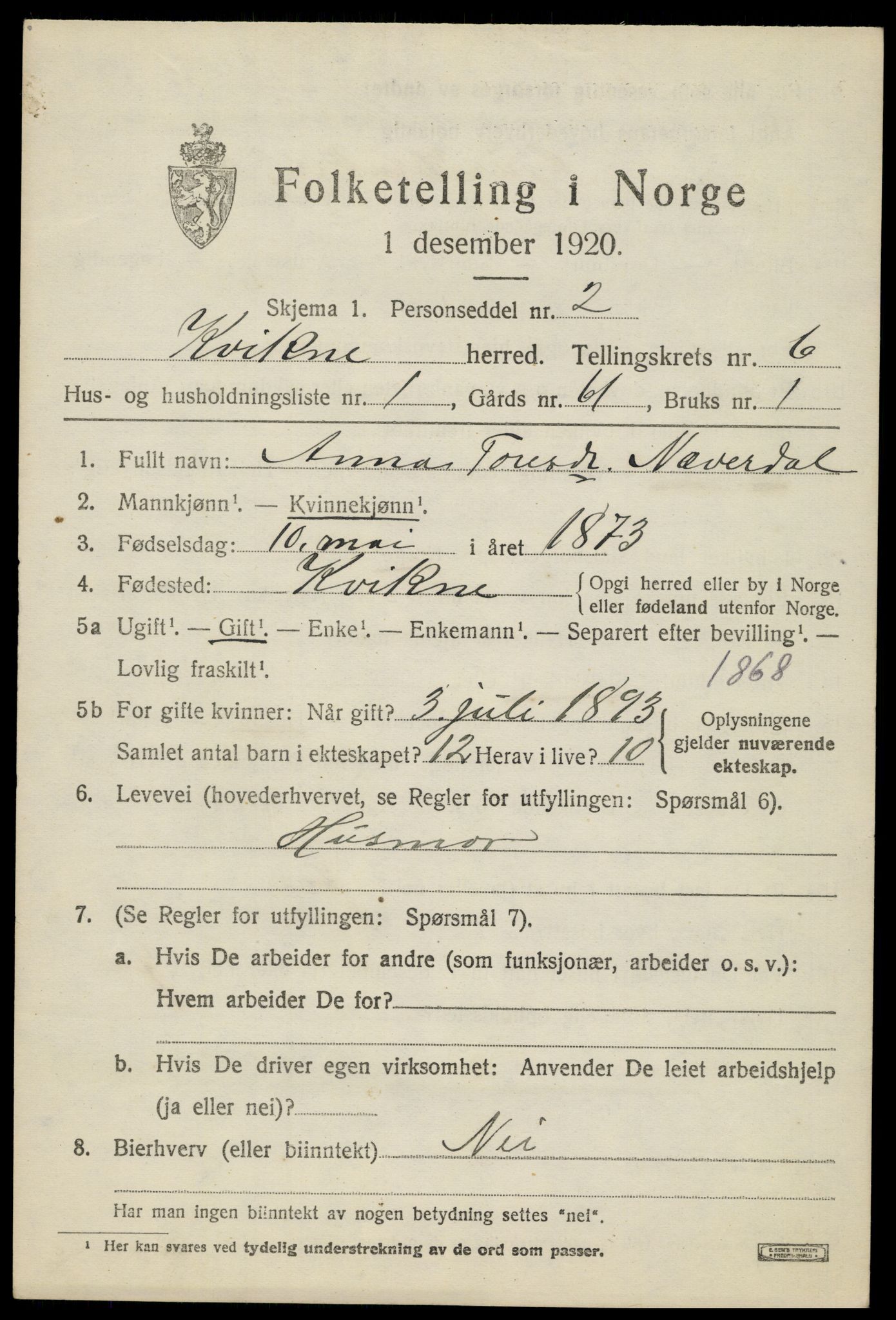 SAH, 1920 census for Kvikne, 1920, p. 2454