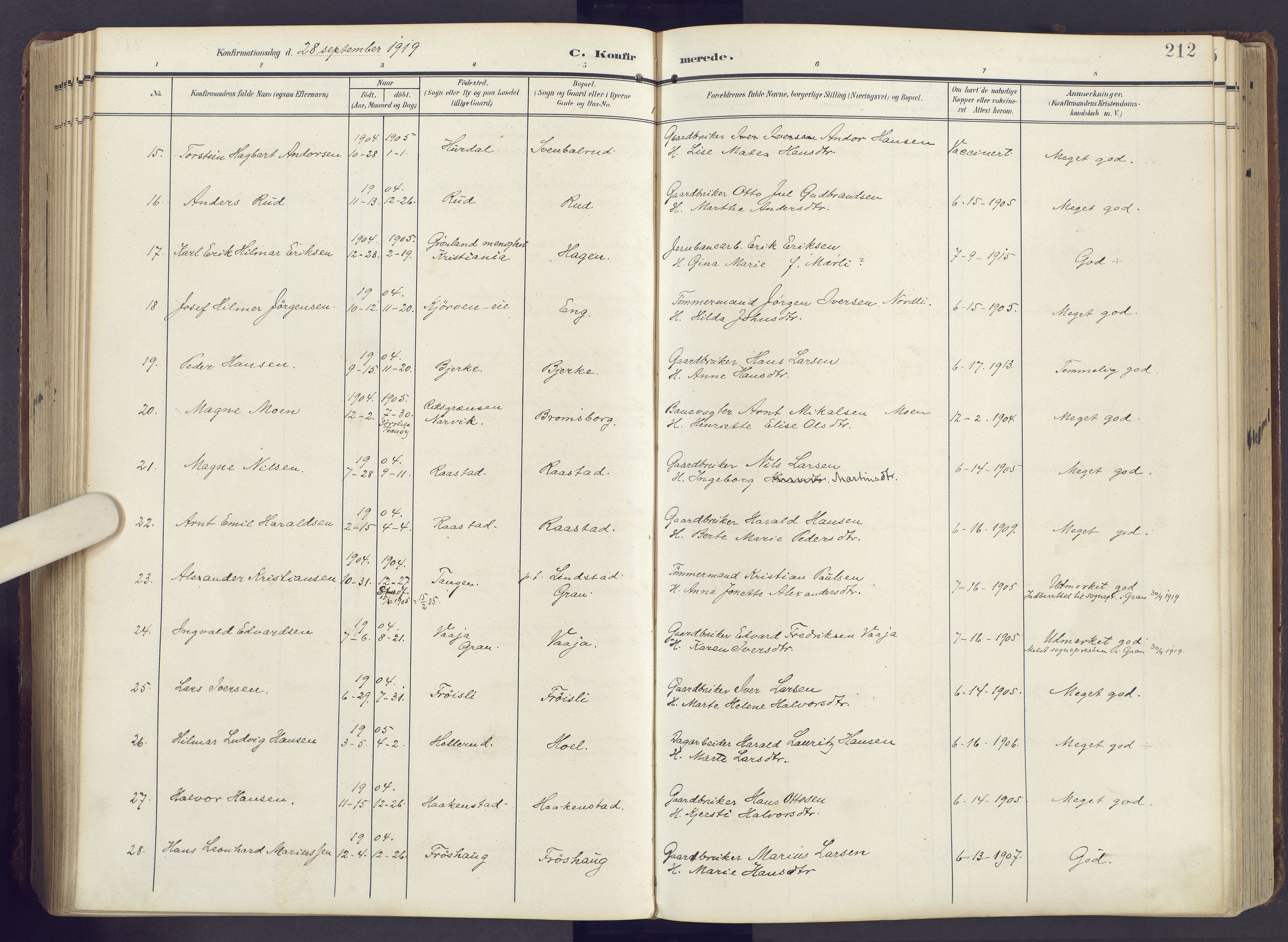 Lunner prestekontor, AV/SAH-PREST-118/H/Ha/Haa/L0001: Parish register (official) no. 1, 1907-1922, p. 212