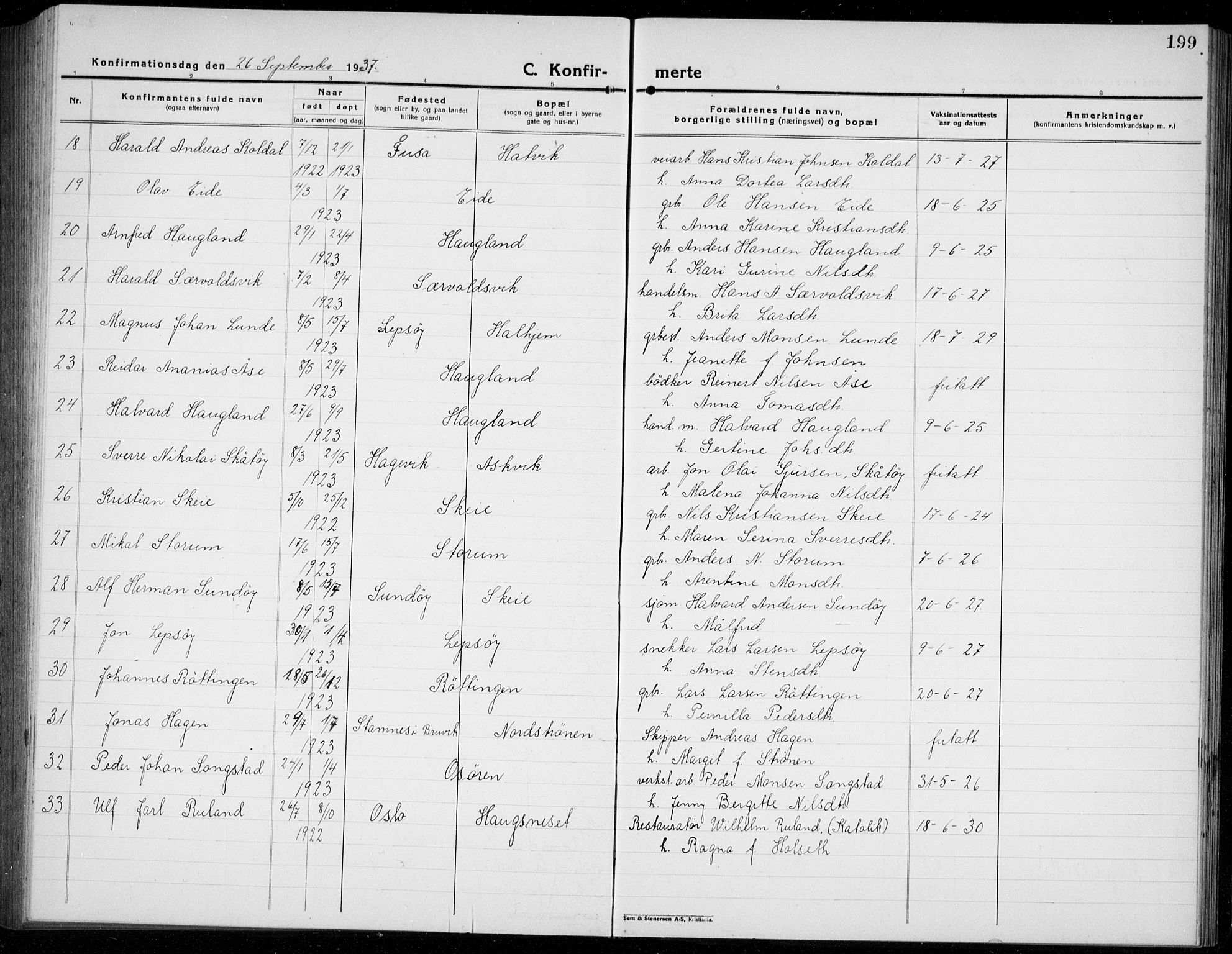 Os sokneprestembete, AV/SAB-A-99929: Parish register (copy) no. A 5, 1923-1941, p. 199