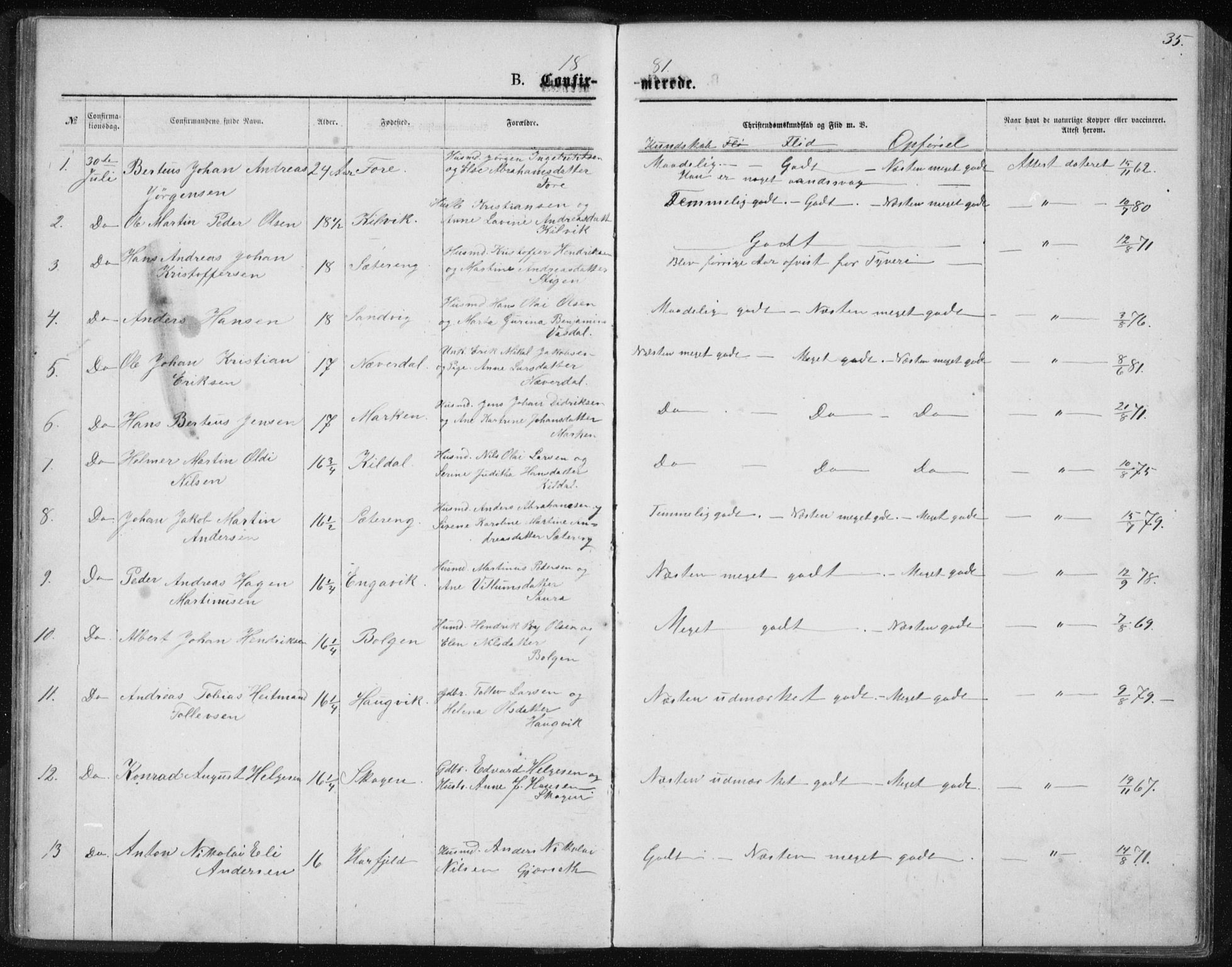 Ministerialprotokoller, klokkerbøker og fødselsregistre - Nordland, AV/SAT-A-1459/843/L0635: Parish register (copy) no. 843C04, 1872-1887, p. 35