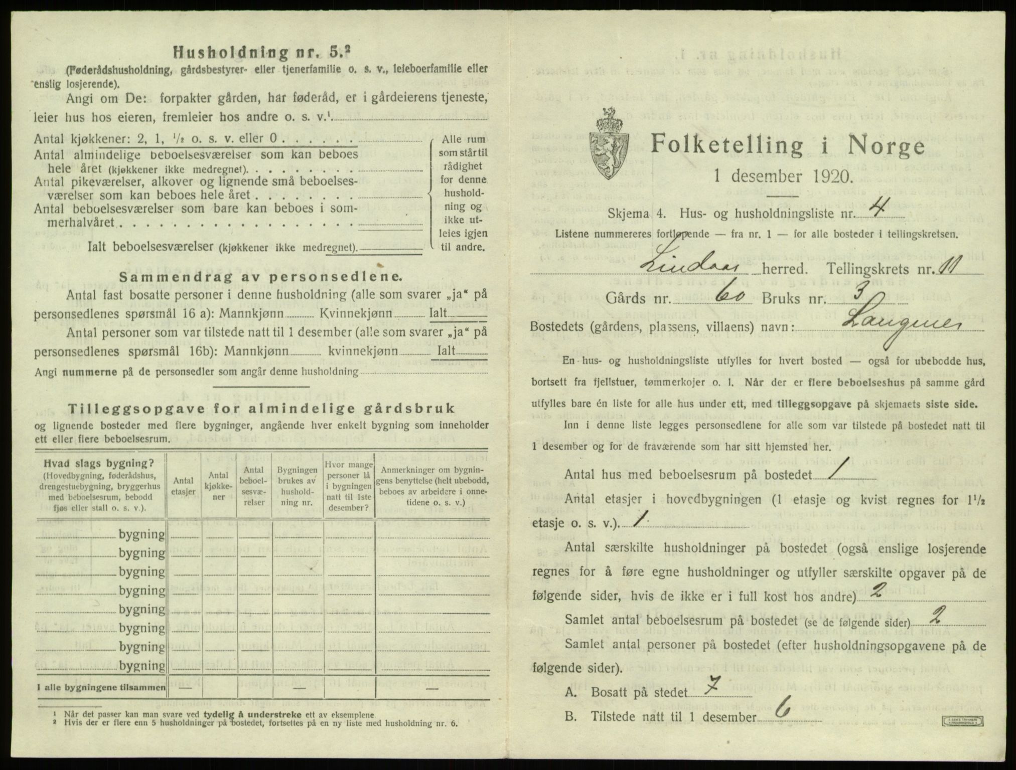 SAB, 1920 census for Lindås, 1920, p. 721