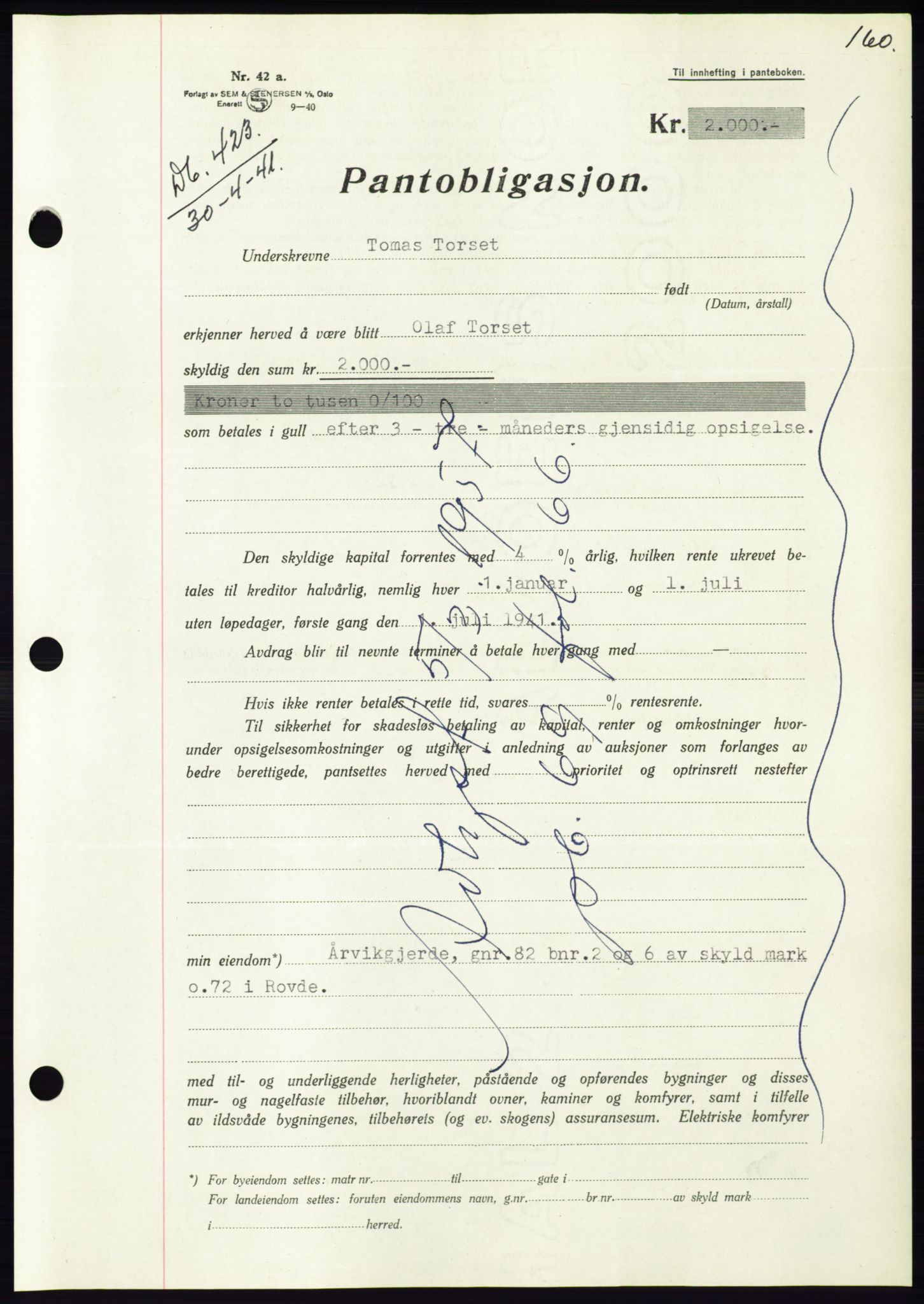 Søre Sunnmøre sorenskriveri, AV/SAT-A-4122/1/2/2C/L0071: Mortgage book no. 65, 1941-1941, Diary no: : 423/1941