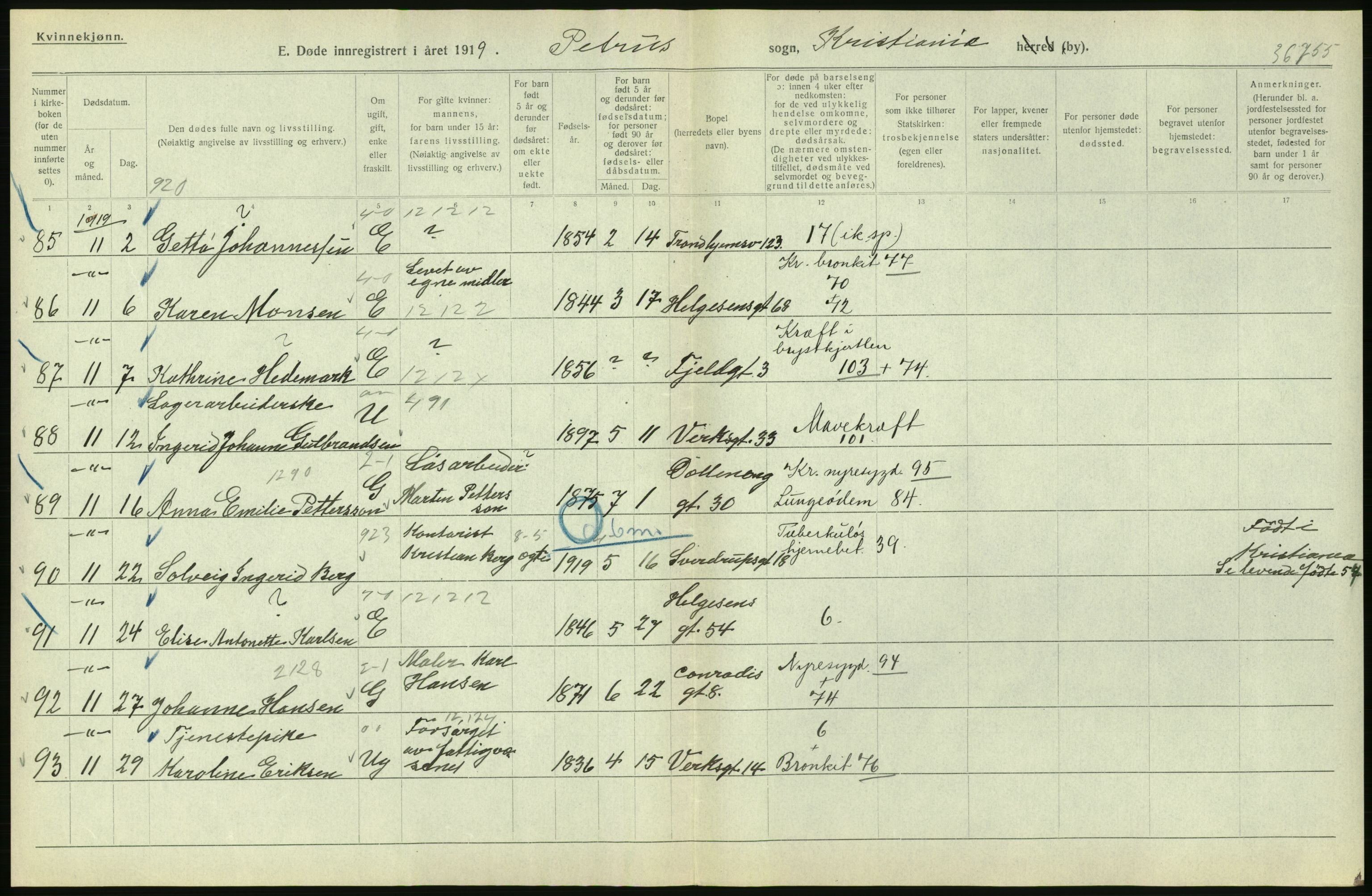 Statistisk sentralbyrå, Sosiodemografiske emner, Befolkning, AV/RA-S-2228/D/Df/Dfb/Dfbi/L0010: Kristiania: Døde, 1919, p. 648