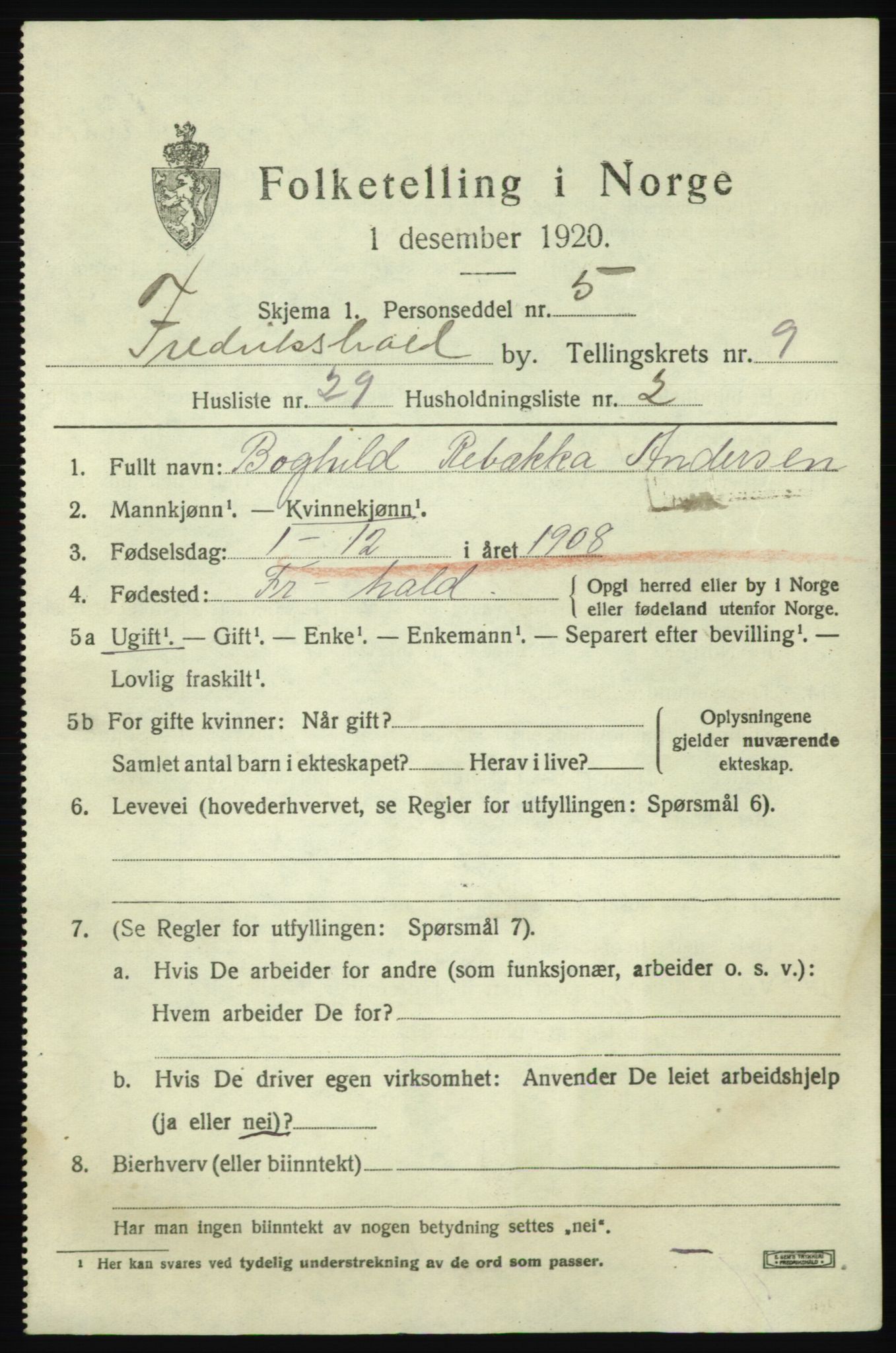 SAO, 1920 census for Fredrikshald, 1920, p. 16487