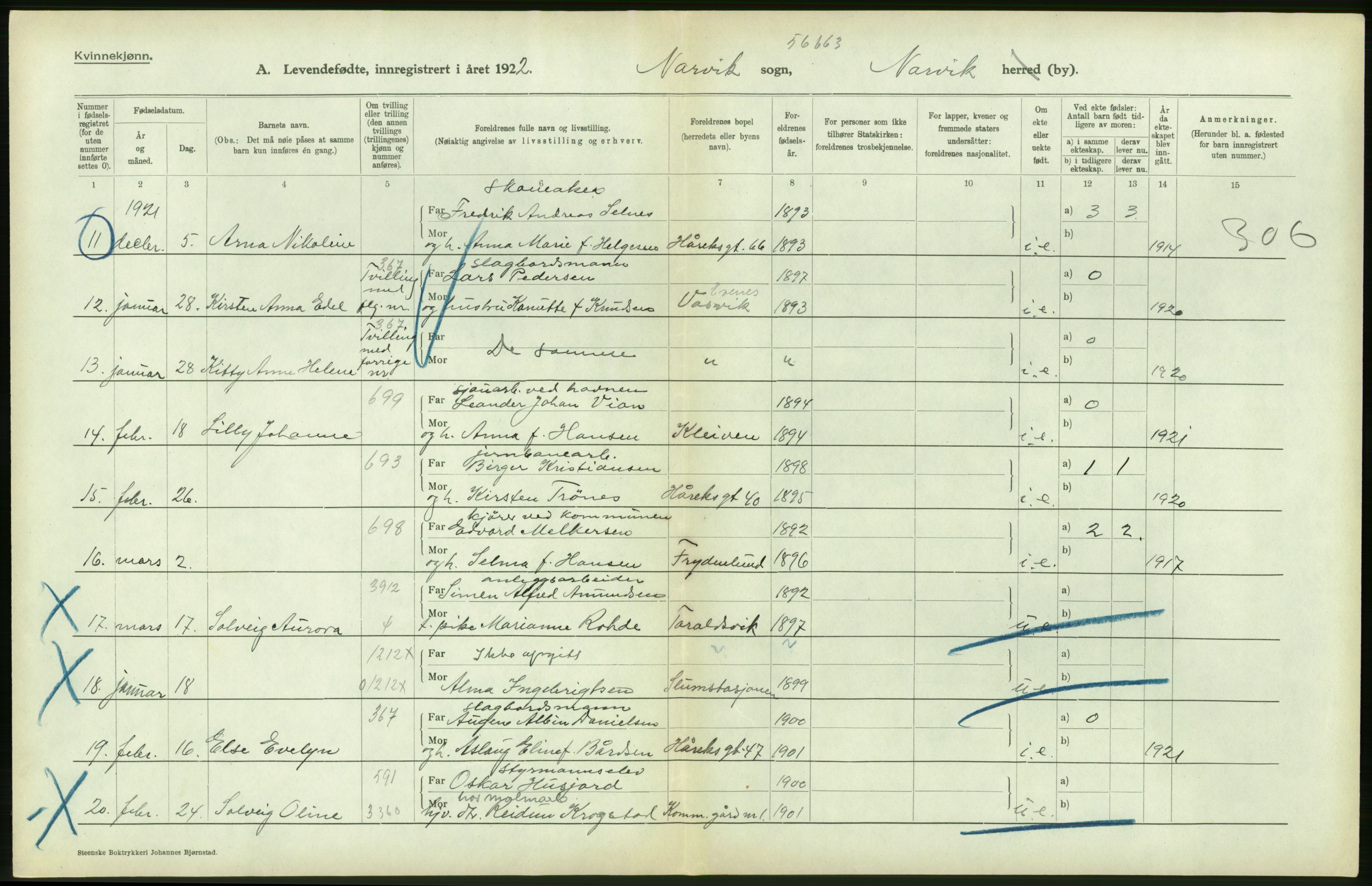 Statistisk sentralbyrå, Sosiodemografiske emner, Befolkning, AV/RA-S-2228/D/Df/Dfc/Dfcb/L0044: Nordland fylke: Levendefødte menn og kvinner. Bygder og byer., 1922, p. 78