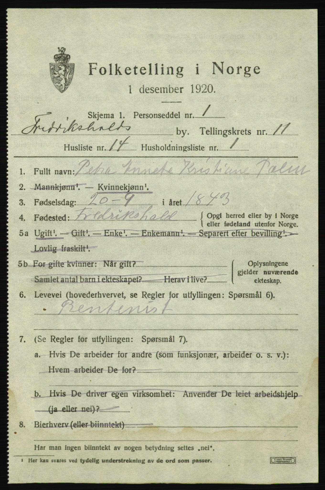 SAO, 1920 census for Fredrikshald, 1920, p. 19065
