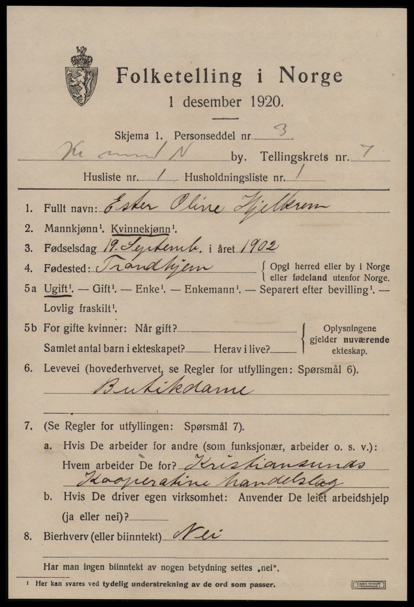 SAT, 1920 census for Kristiansund, 1920, p. 18067