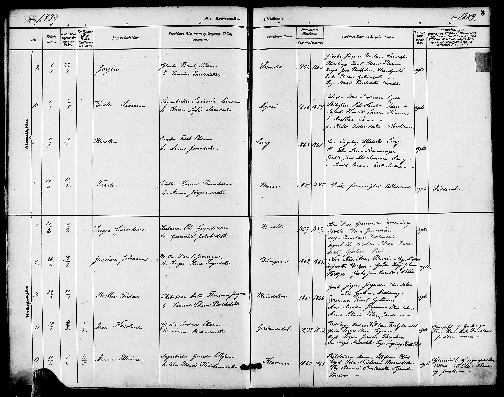 Søndeled sokneprestkontor, AV/SAK-1111-0038/F/Fa/L0005: Parish register (official) no. A 5, 1889-1899, p. 3