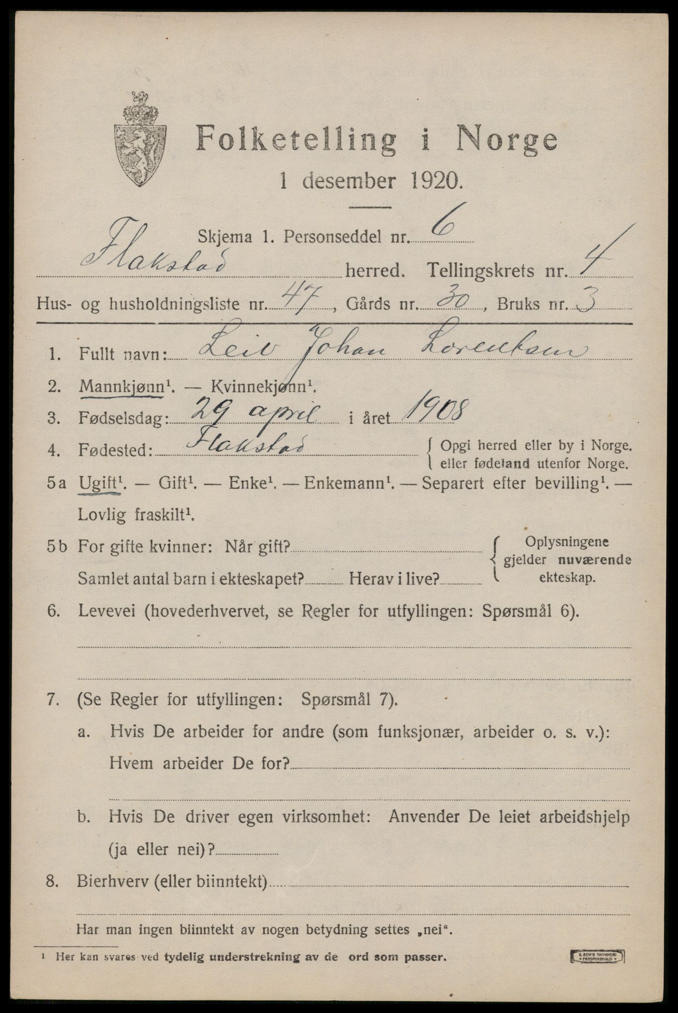 SAT, 1920 census for Flakstad, 1920, p. 3471