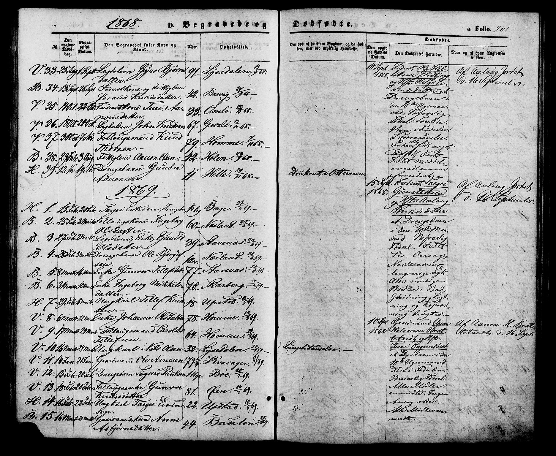 Valle sokneprestkontor, SAK/1111-0044/F/Fa/Fac/L0008: Parish register (official) no. A 8, 1868-1882, p. 201