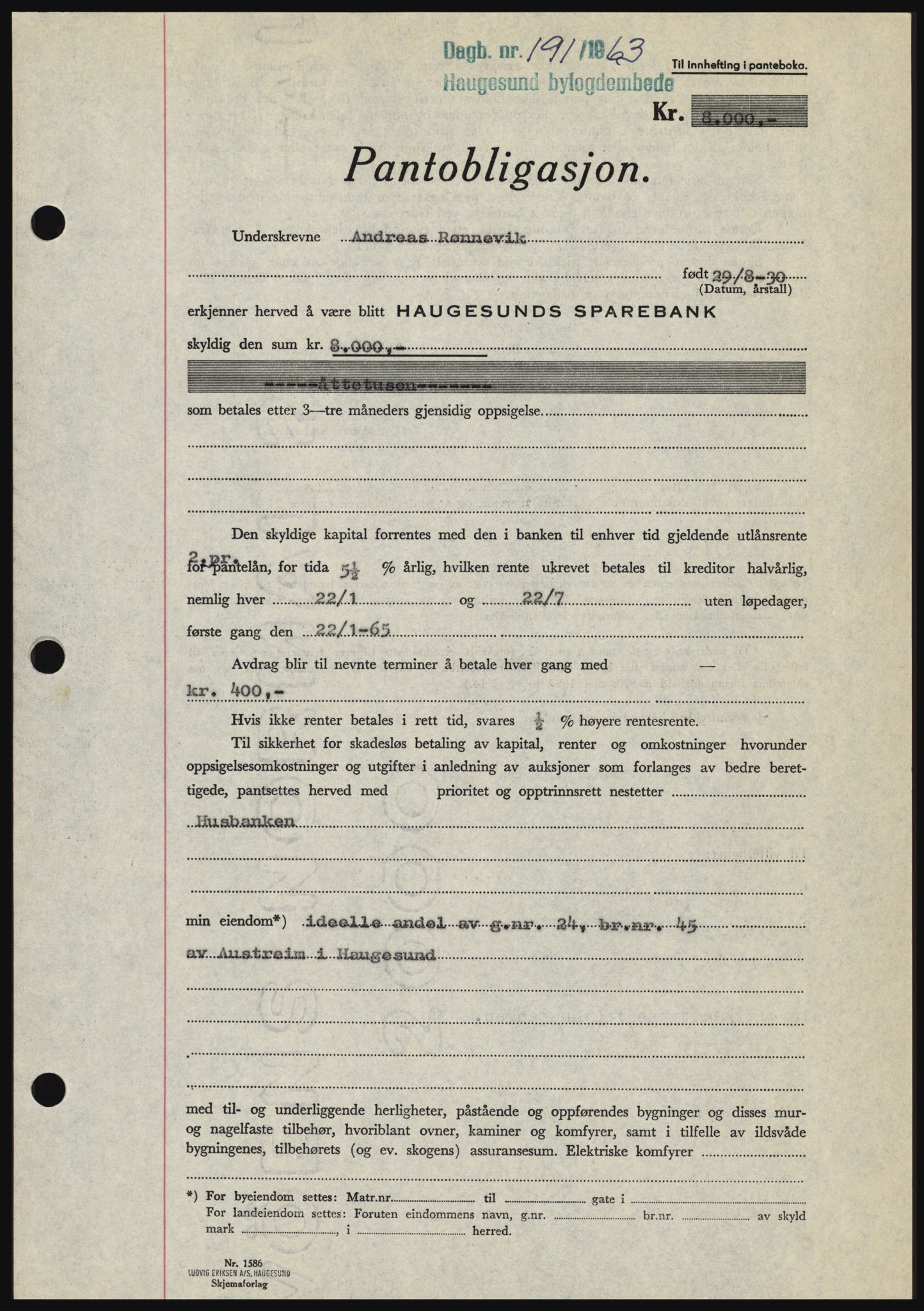 Haugesund tingrett, AV/SAST-A-101415/01/II/IIC/L0053: Mortgage book no. B 53, 1965-1965, Diary no: : 191/1965