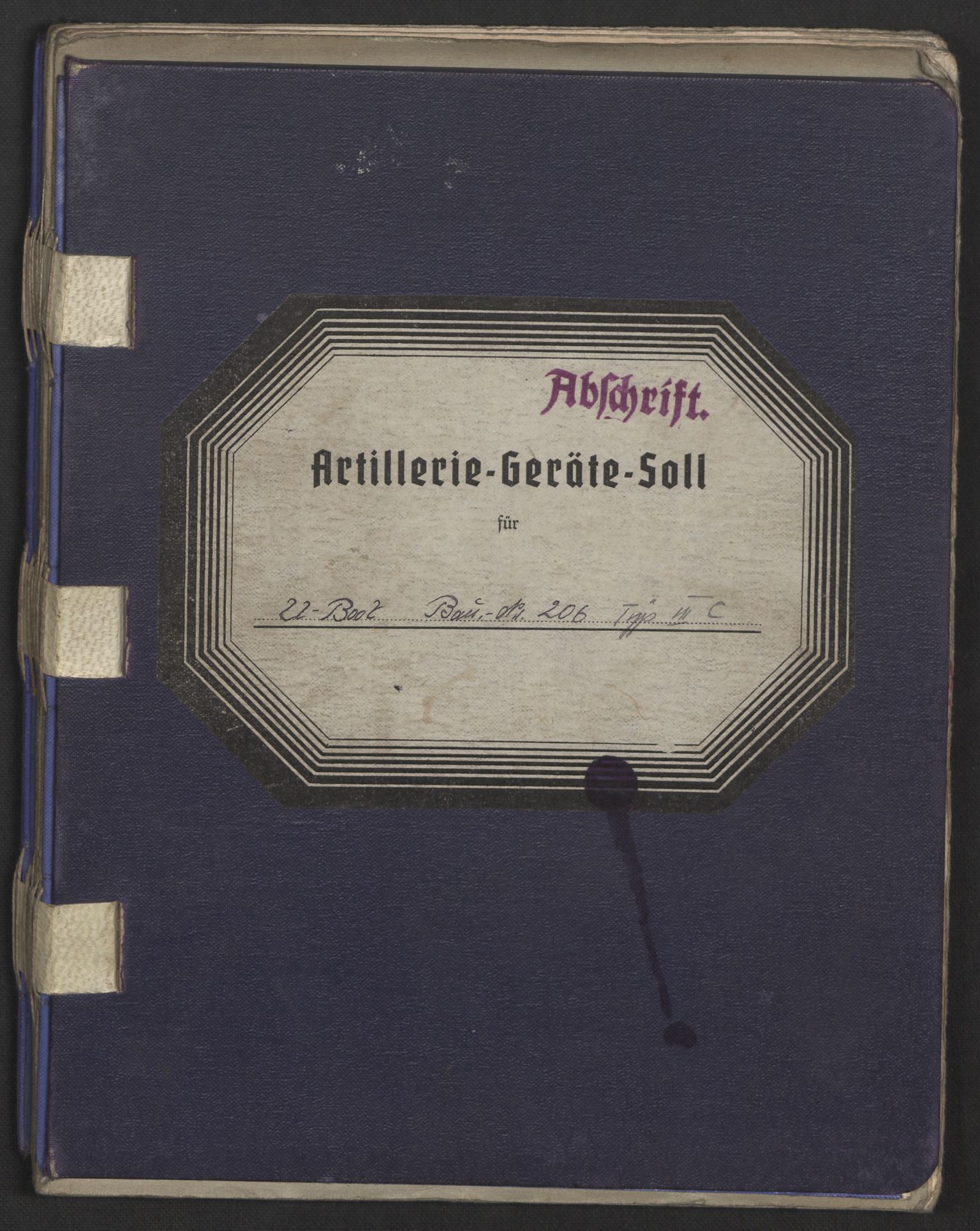 Kriegsmarine Norwegen, Unterseeboote, AV/RA-RAFA-5082/F/L0007/0004: -- / Artillerie-Geräte-Soll, Abschrift, für U-Boote, Bau-Nr. 206, Typ VII C, 1941