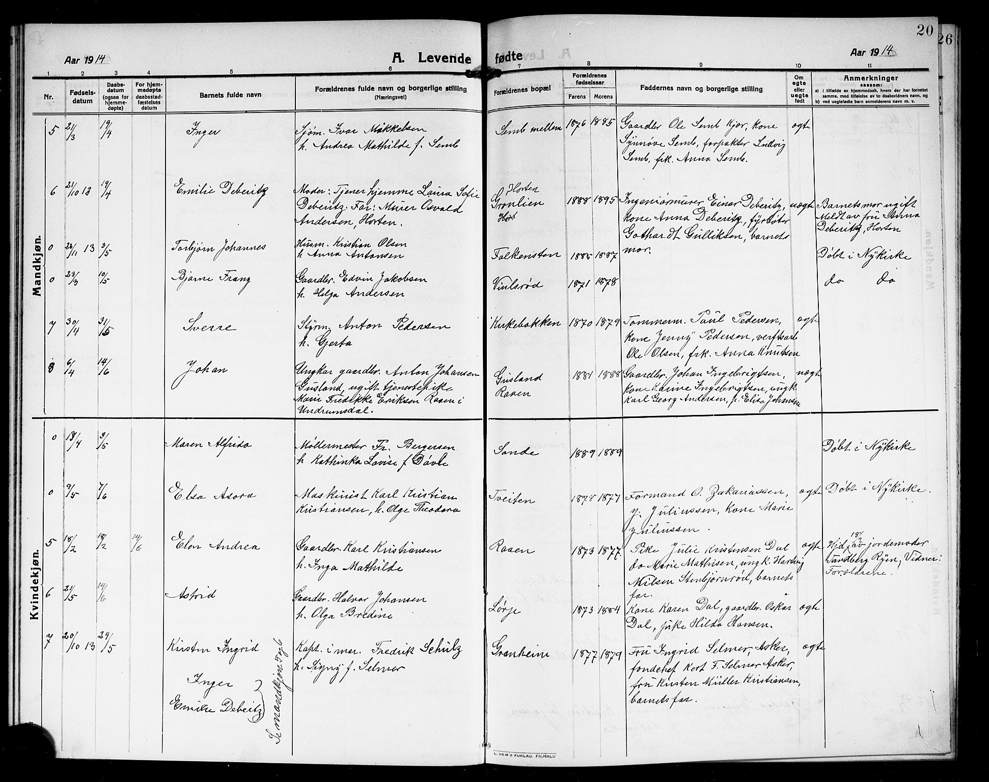 Borre kirkebøker, AV/SAKO-A-338/G/Ga/L0006: Parish register (copy) no. I 6, 1911-1919, p. 20