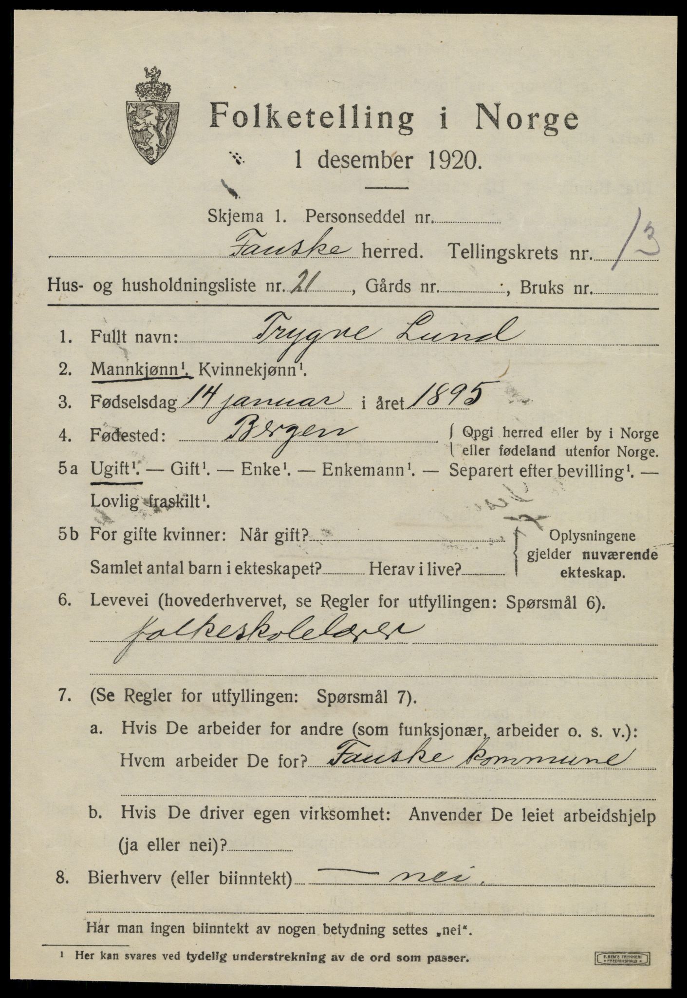 SAT, 1920 census for Fauske, 1920, p. 8672