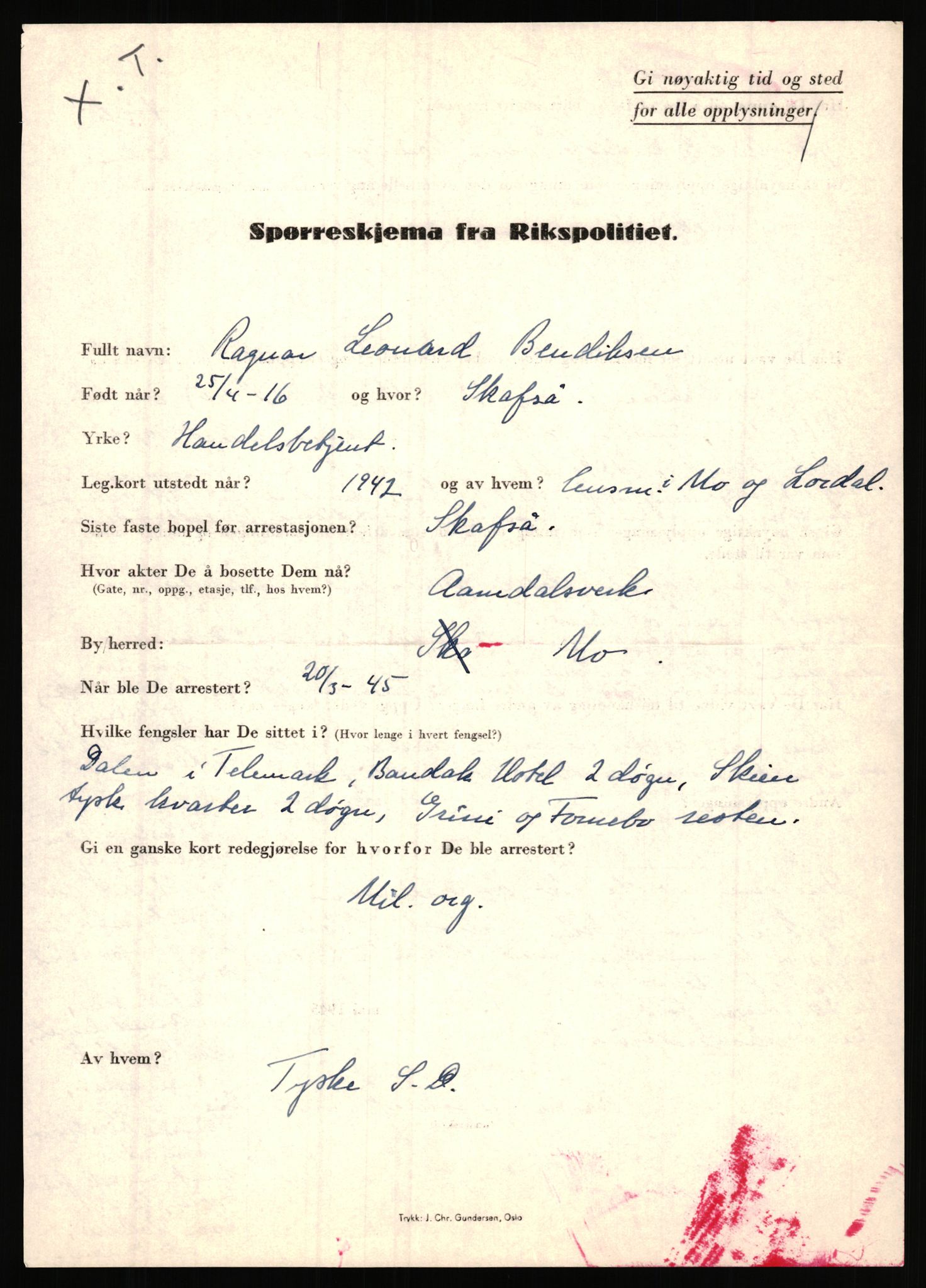 Rikspolitisjefen, AV/RA-S-1560/L/L0001: Abelseth, Rudolf - Berentsen, Odd, 1940-1945, p. 1315