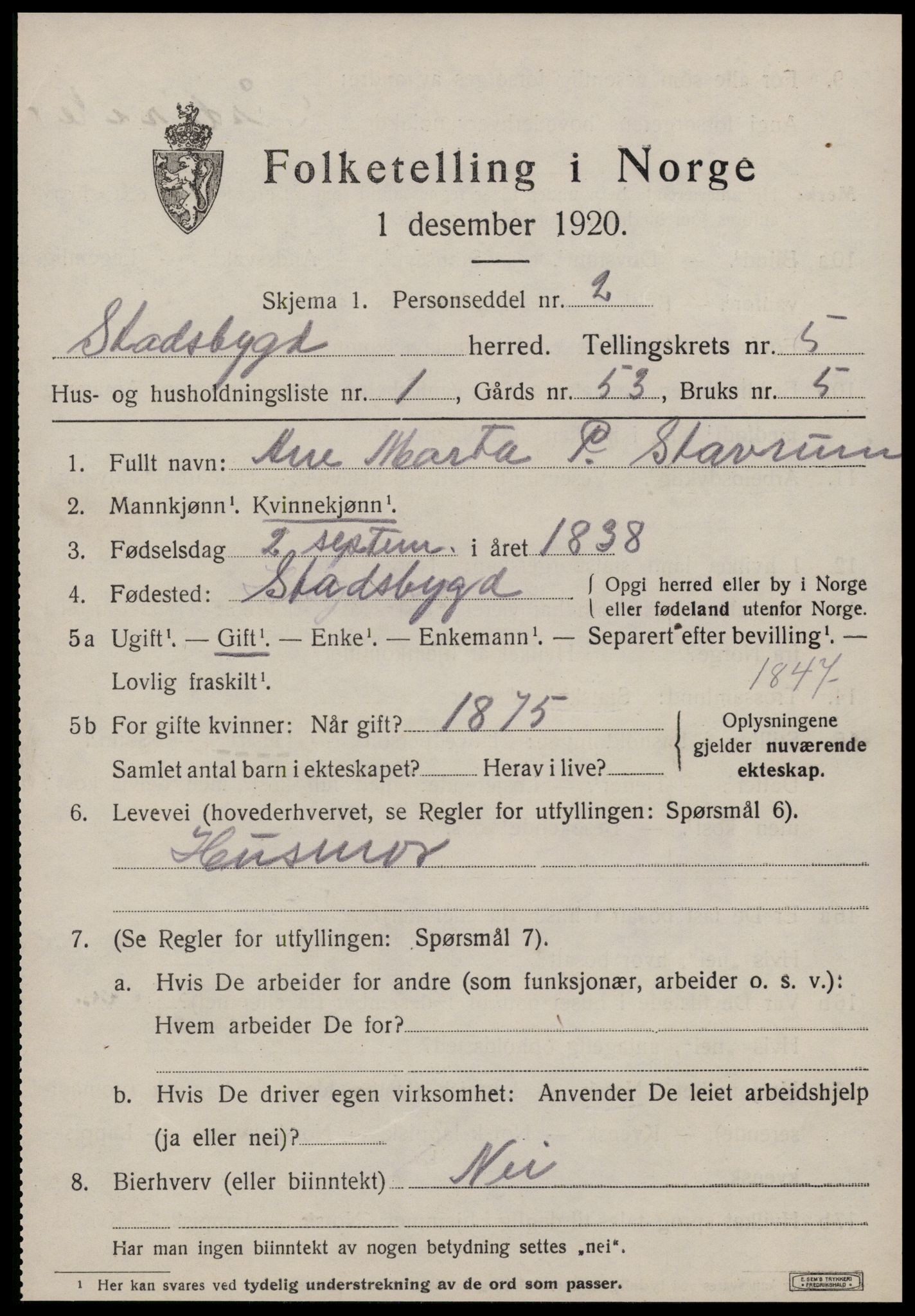 SAT, 1920 census for Stadsbygd, 1920, p. 2704