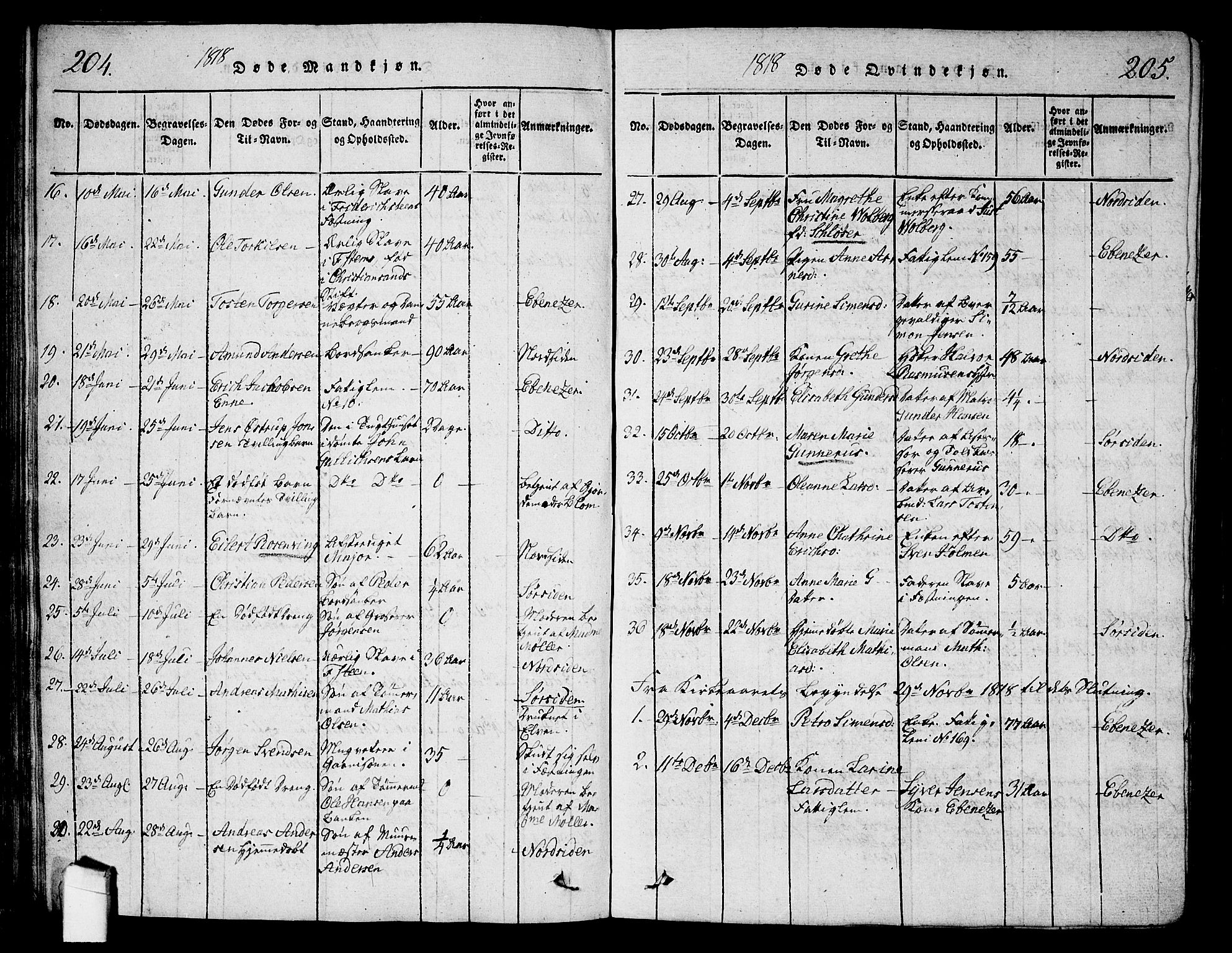 Halden prestekontor Kirkebøker, SAO/A-10909/G/Ga/L0001: Parish register (copy) no. 1, 1815-1833, p. 204-205