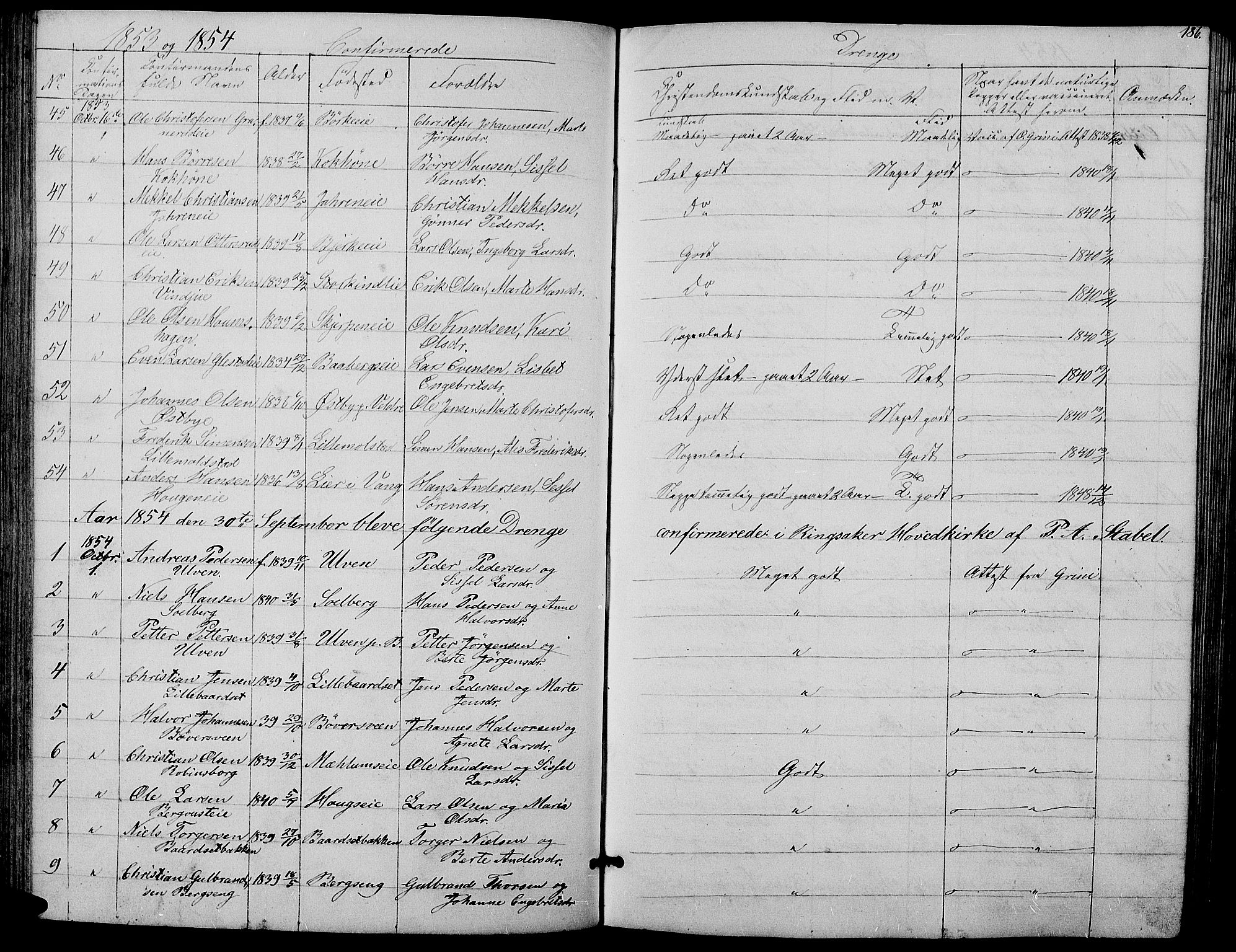 Ringsaker prestekontor, SAH/PREST-014/L/La/L0006: Parish register (copy) no. 6, 1851-1860, p. 186