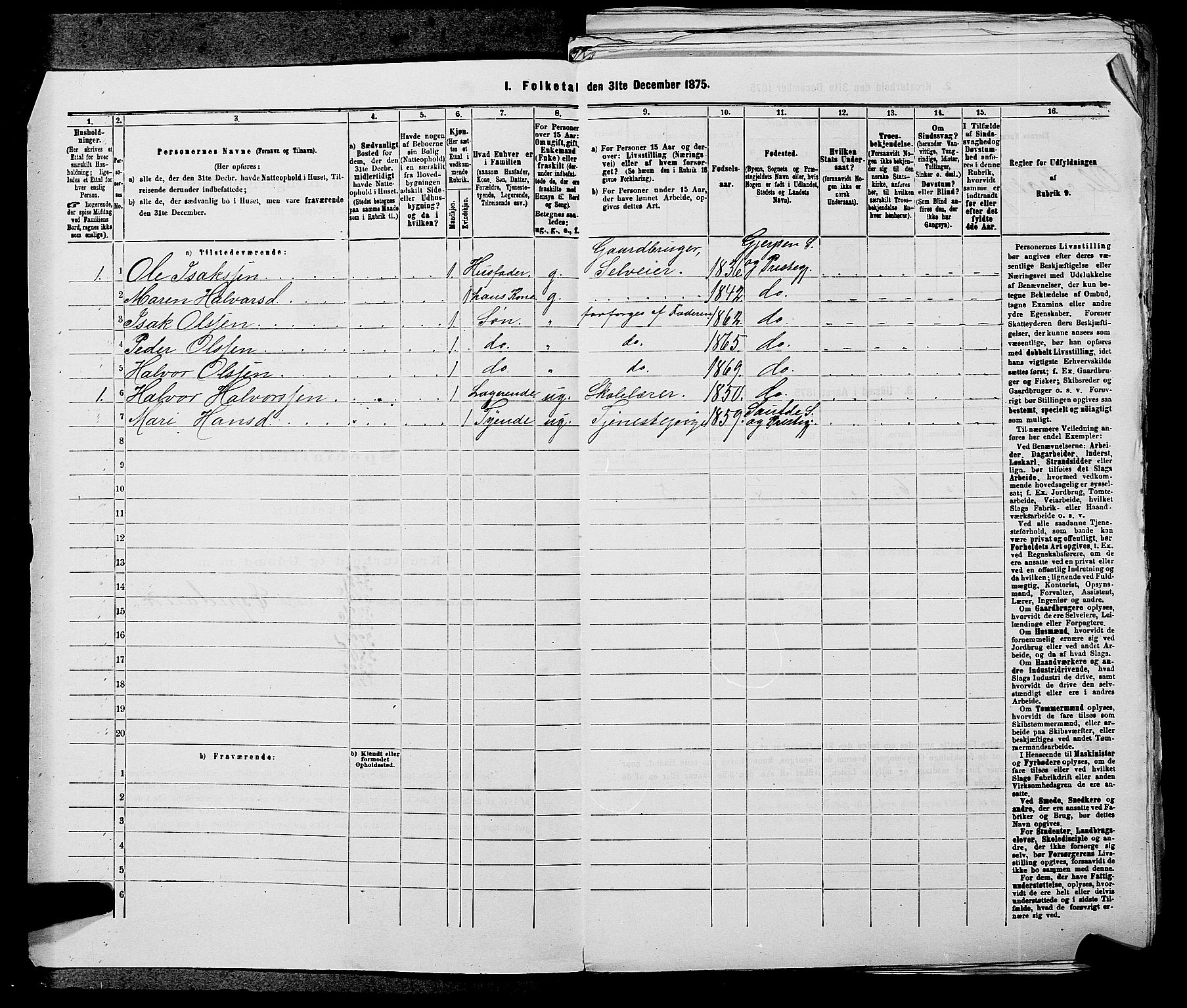 SAKO, 1875 census for 0812P Gjerpen, 1875, p. 847