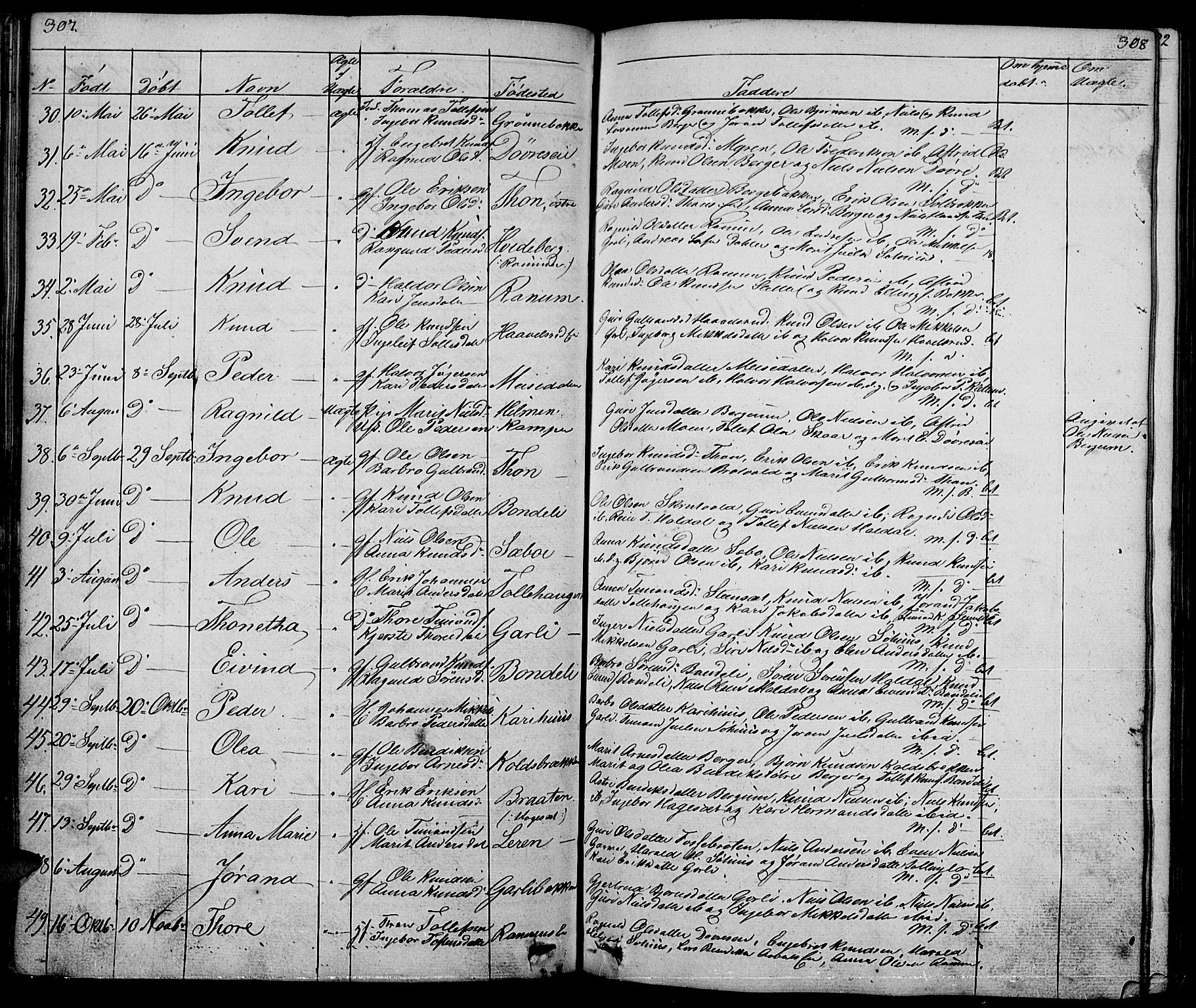 Nord-Aurdal prestekontor, SAH/PREST-132/H/Ha/Hab/L0001: Parish register (copy) no. 1, 1834-1887, p. 307-308