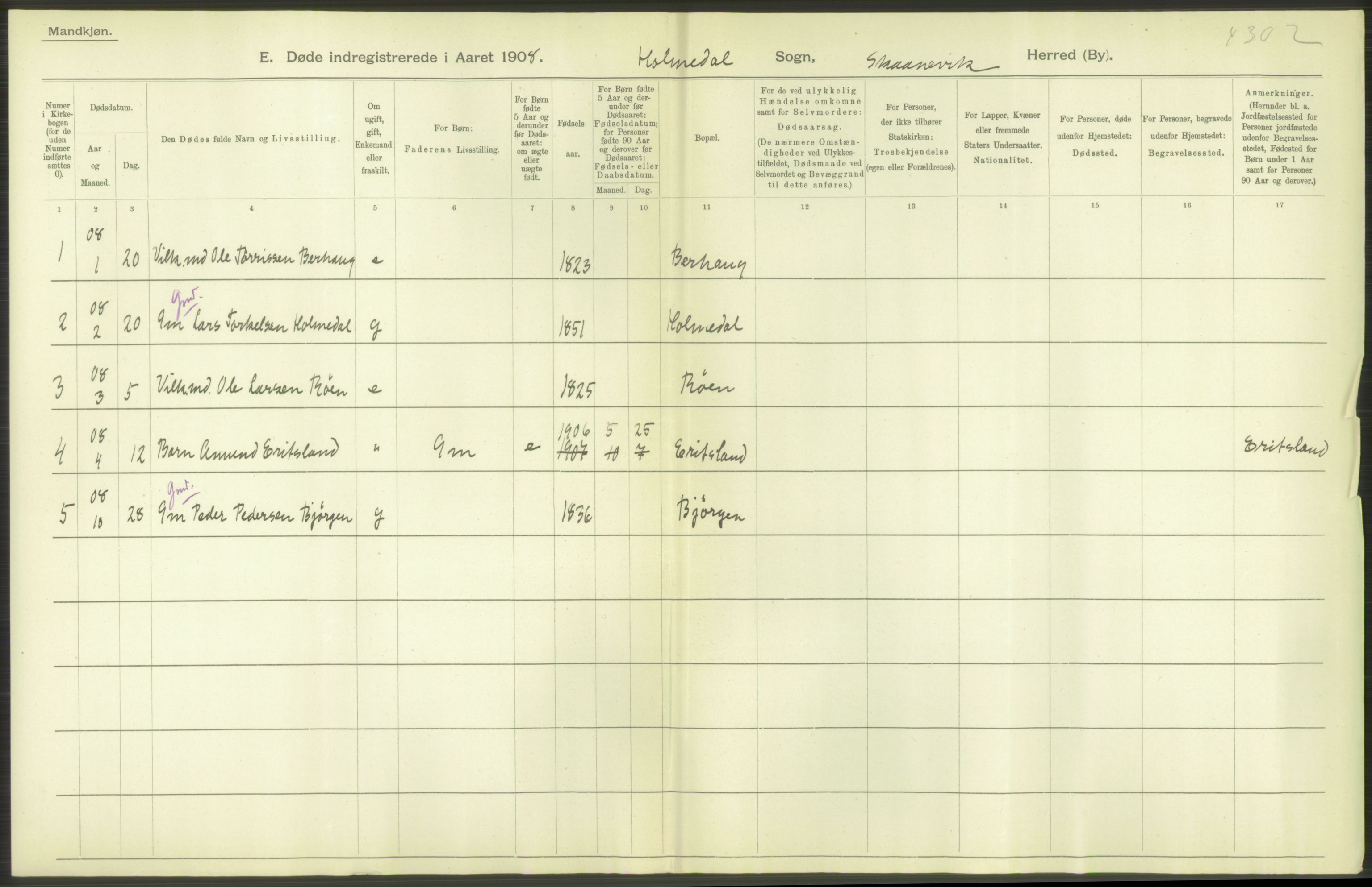 Statistisk sentralbyrå, Sosiodemografiske emner, Befolkning, AV/RA-S-2228/D/Df/Dfa/Dfaf/L0029: S. Bergenhus amt: Døde. Bygder., 1908, p. 4