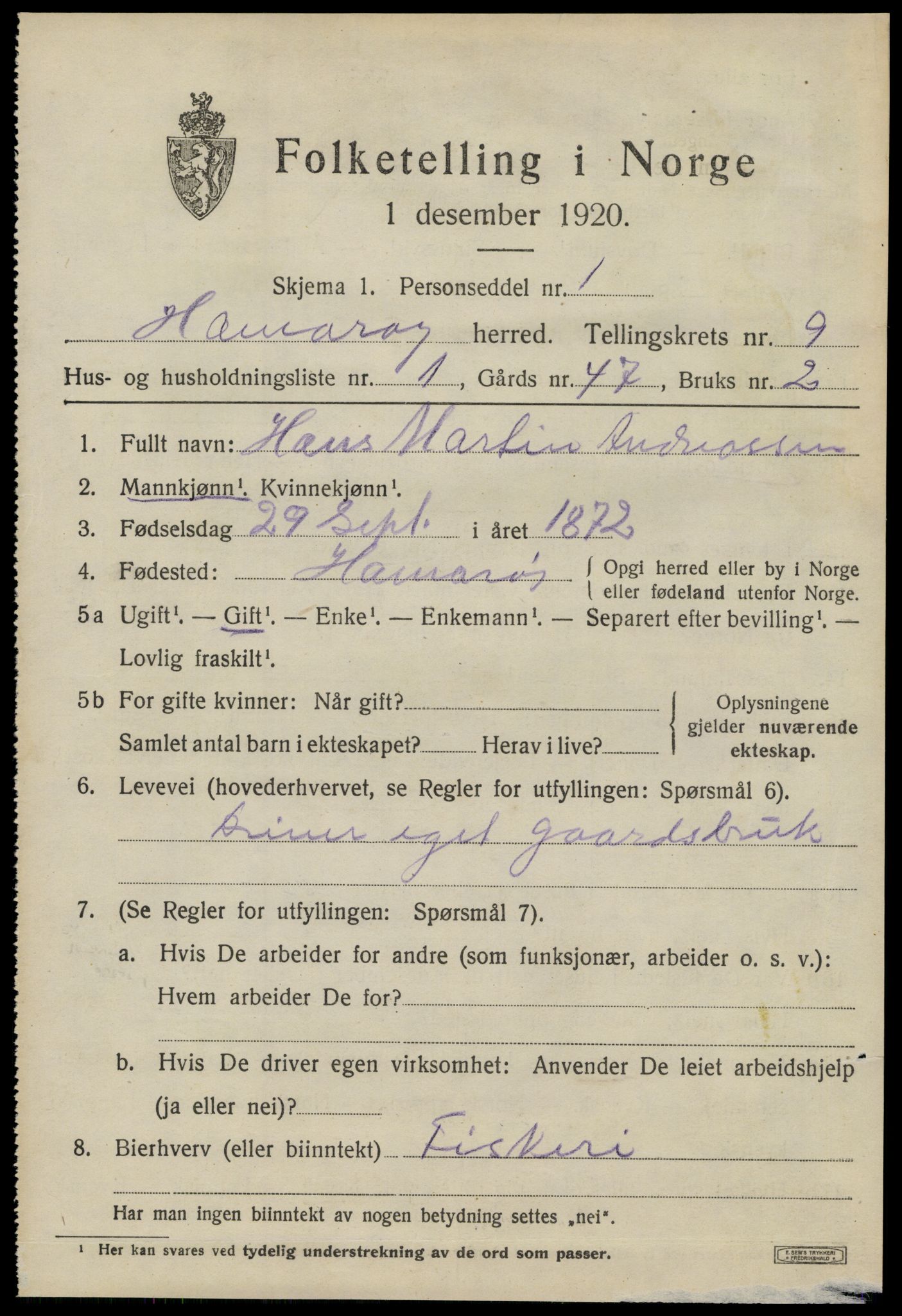 SAT, 1920 census for Hamarøy, 1920, p. 4196