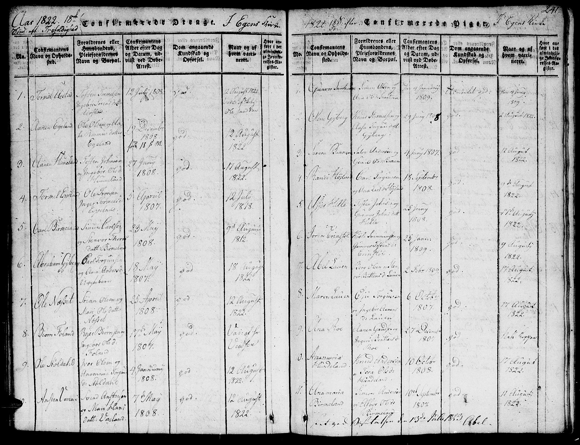 Hægebostad sokneprestkontor, SAK/1111-0024/F/Fb/Fba/L0001: Parish register (copy) no. B 1, 1815-1844, p. 241