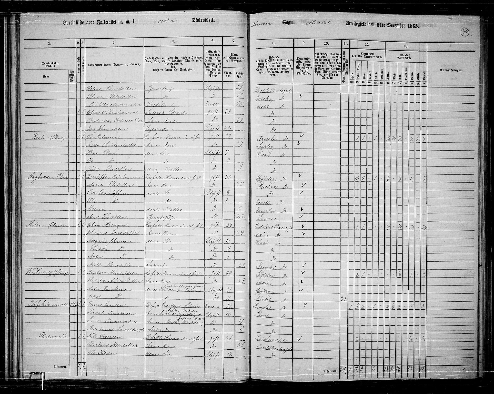 RA, 1865 census for Hobøl, 1865, p. 45