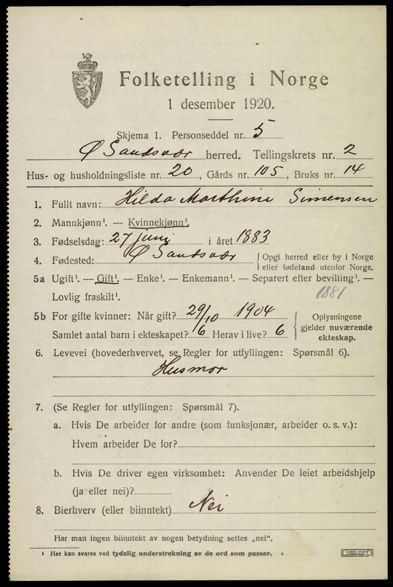 SAKO, 1920 census for Øvre Sandsvær, 1920, p. 1948