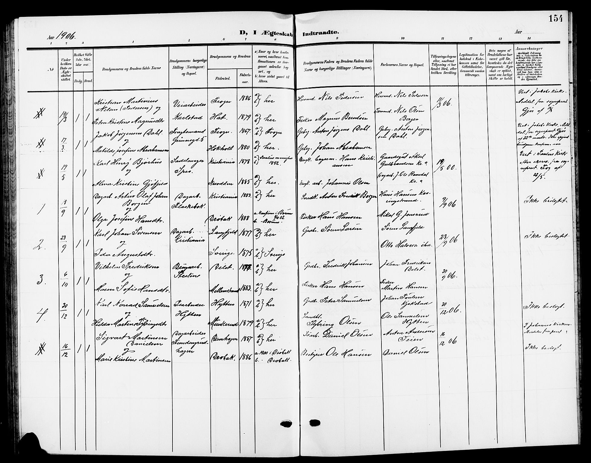 Nesodden prestekontor Kirkebøker, SAO/A-10013/G/Ga/L0002: Parish register (copy) no. I 2, 1905-1924, p. 154